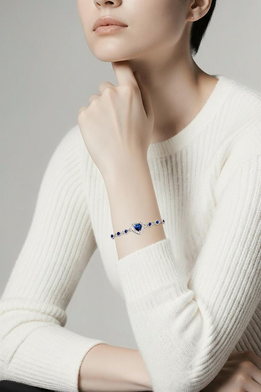 Pulsera corazón de Plata de ley rodiada con Circonitas azul zafiro 3
