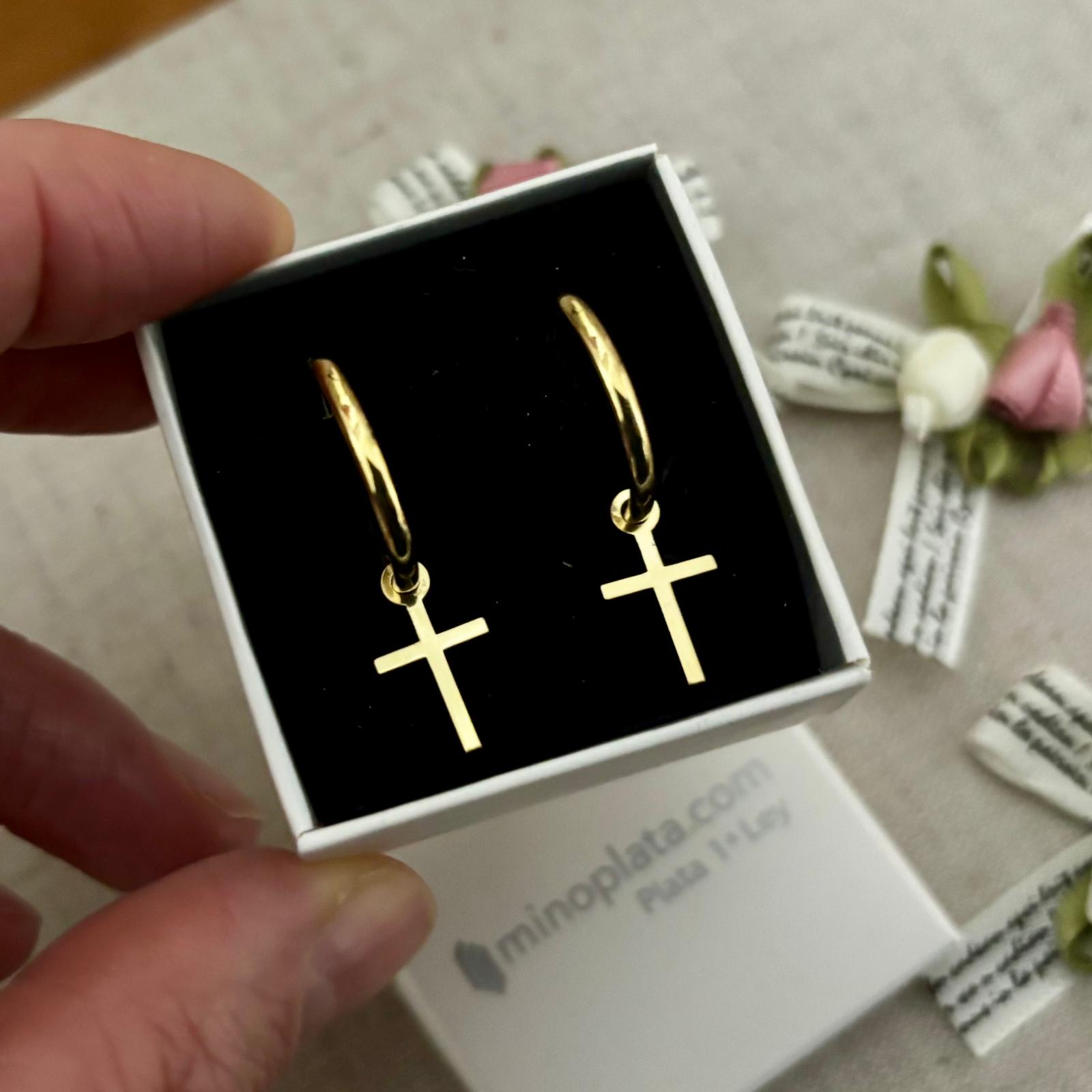 Pendientes aros con cruz colgante de Plata de ley chapada 15 Mm 5