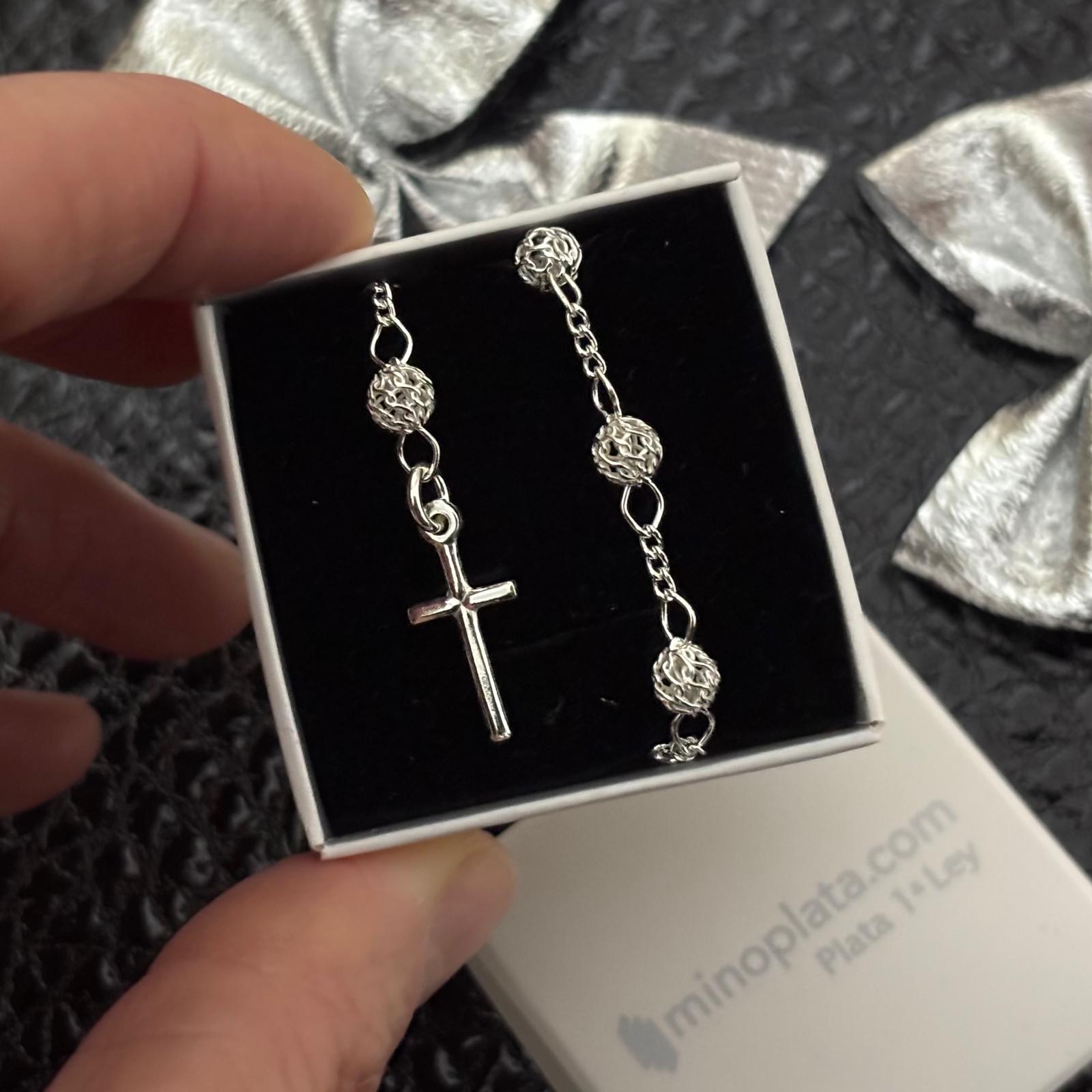 Pulsera rosario bolas filigrana de Plata de ley 925 cruz lisa 4