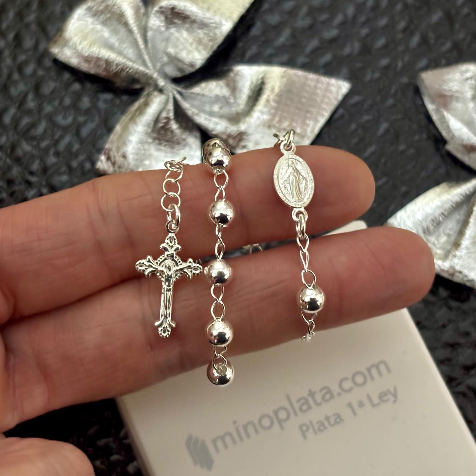 Pulsera rosario bolas 5mm de Plata de ley 925 Virgen Milagrosa y Cruz