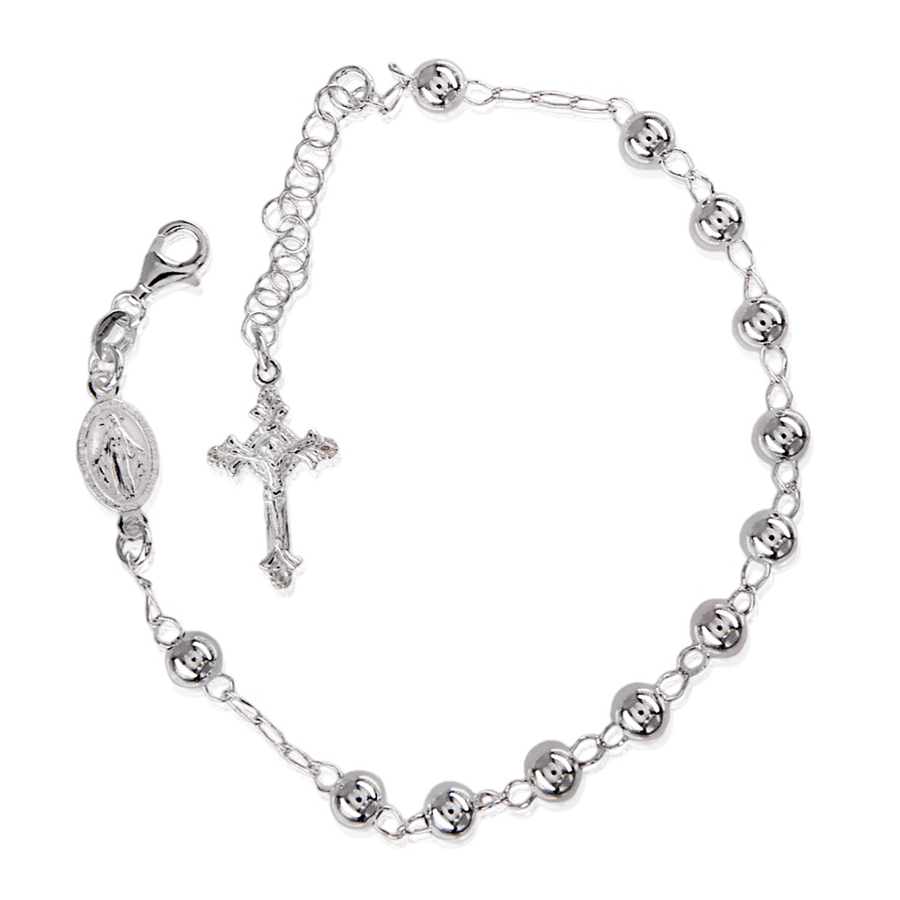 Pulsera rosario bolas 5mm de Plata de ley 925 Virgen Milagrosa y Cruz
