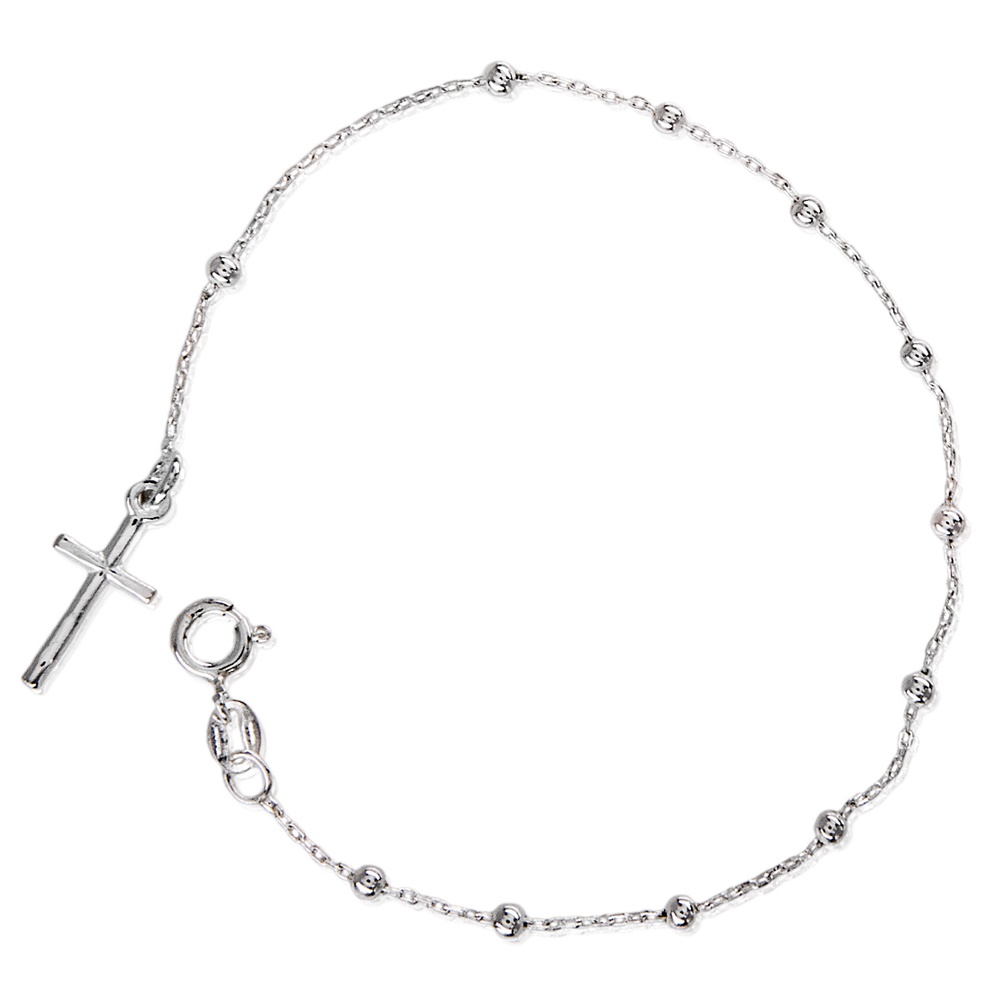 Pulsera rosario bolas 2mm con cruz lisa colgante de Plata de ley 925