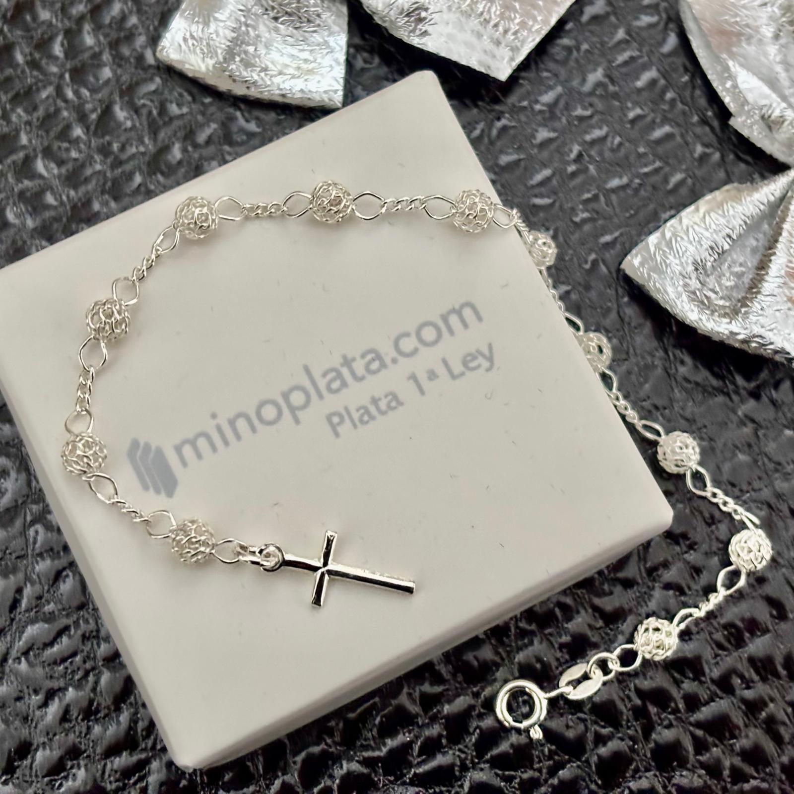 Pulsera rosario bolas filigrana de Plata de ley 925 cruz lisa 3