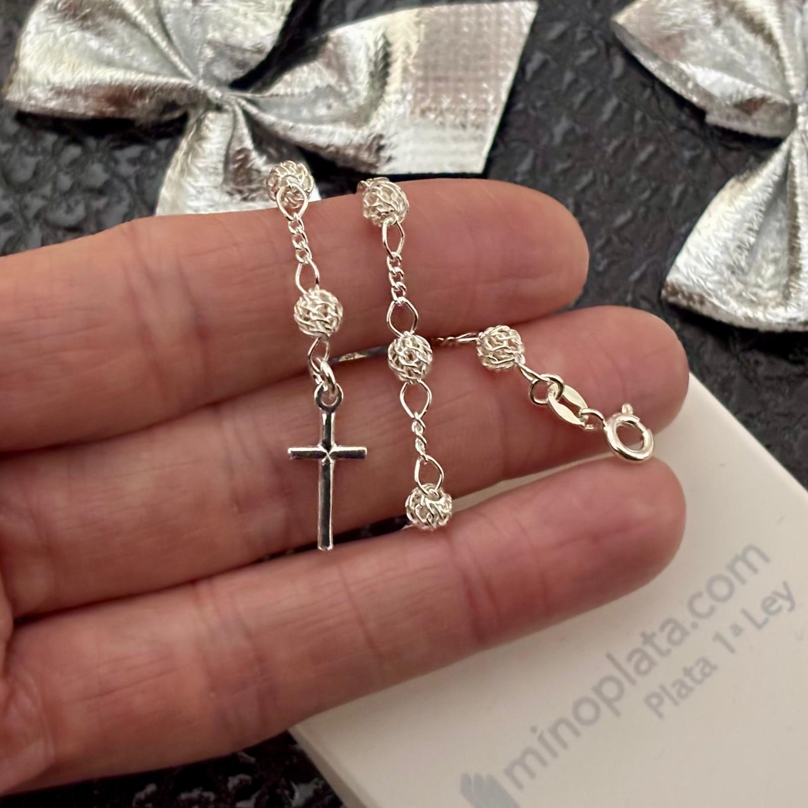Pulsera rosario bolas filigrana de Plata de ley 925 cruz lisa