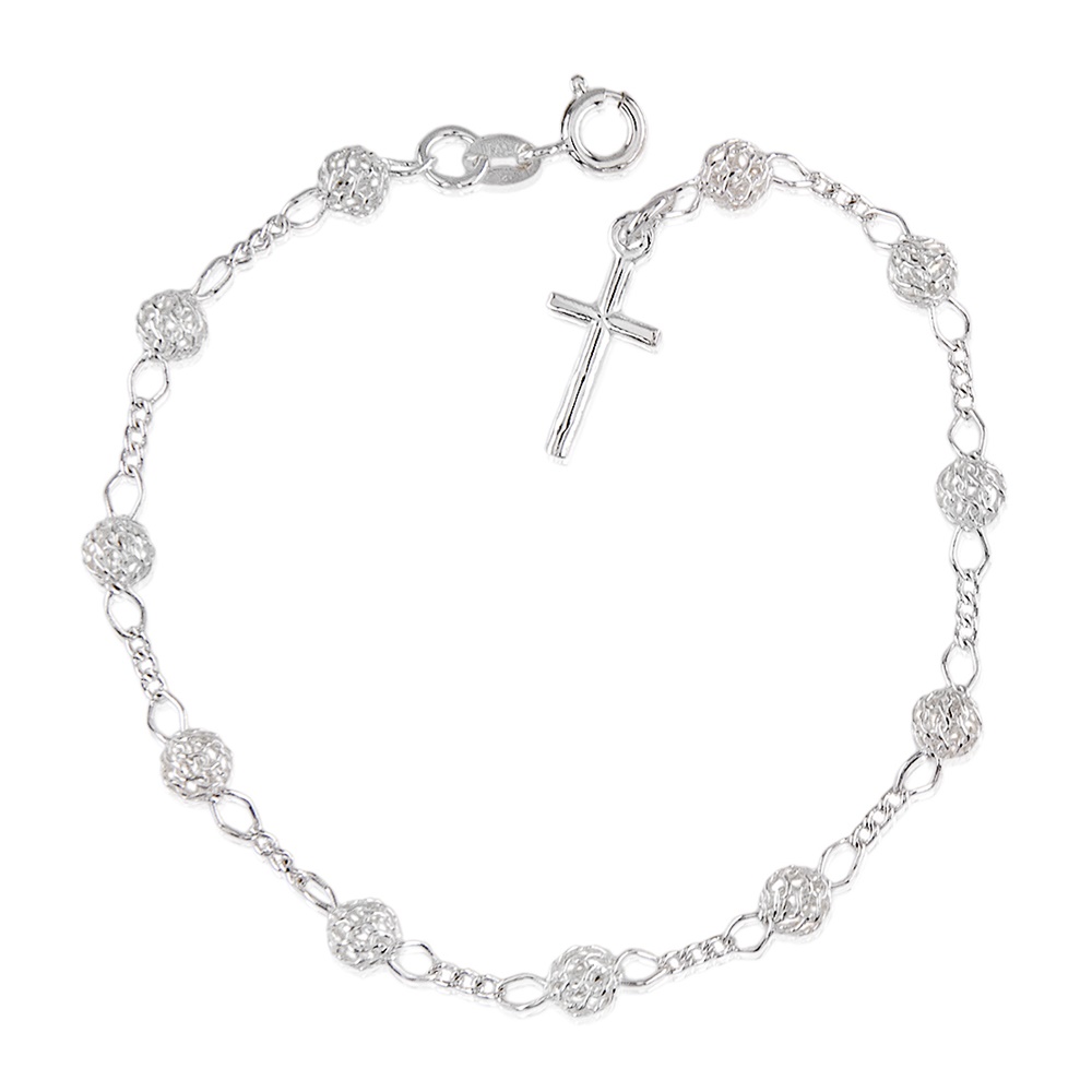 Pulsera rosario bolas filigrana de Plata de ley 925 cruz lisa