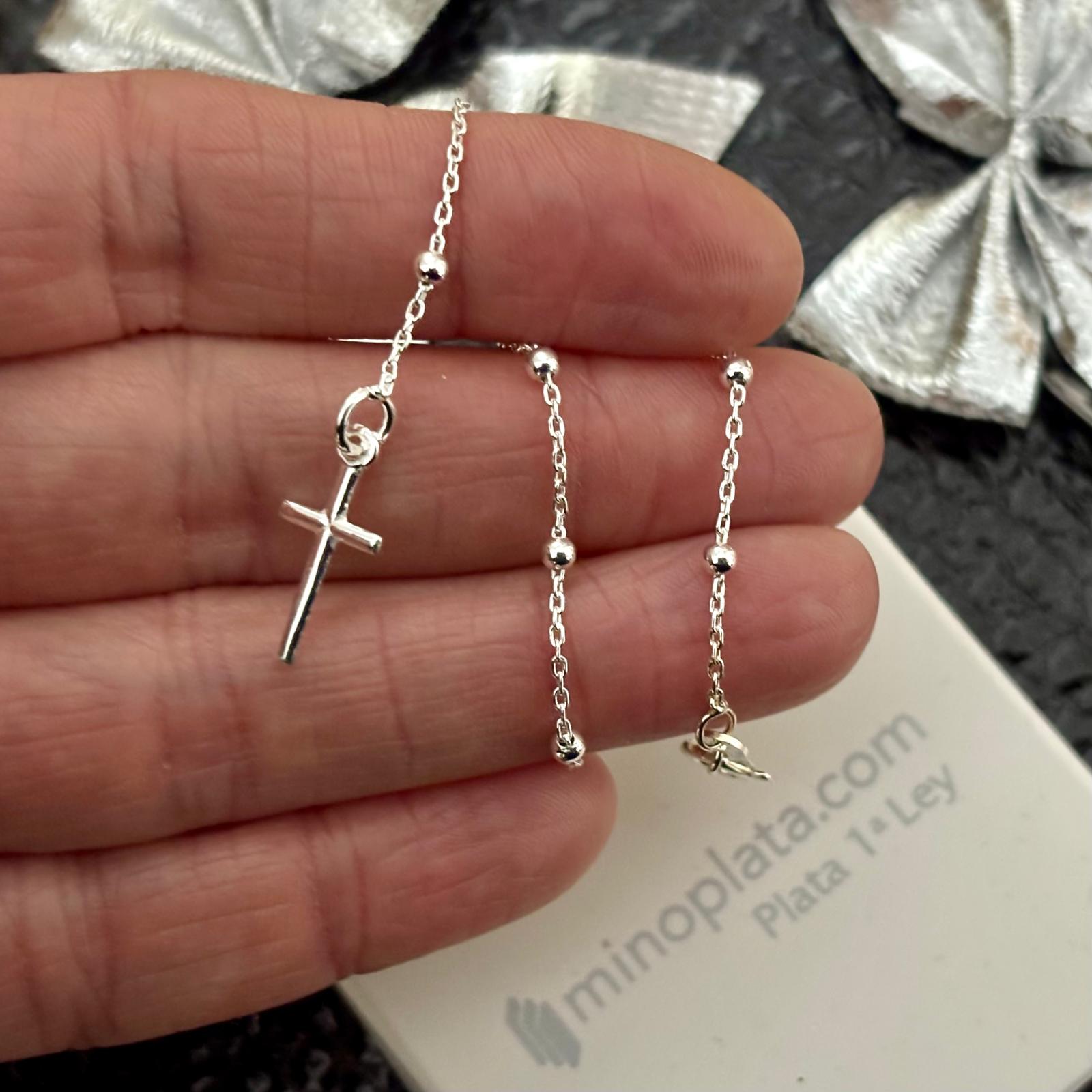 Pulsera rosario bolas 2mm con cruz lisa colgante de Plata de ley 925