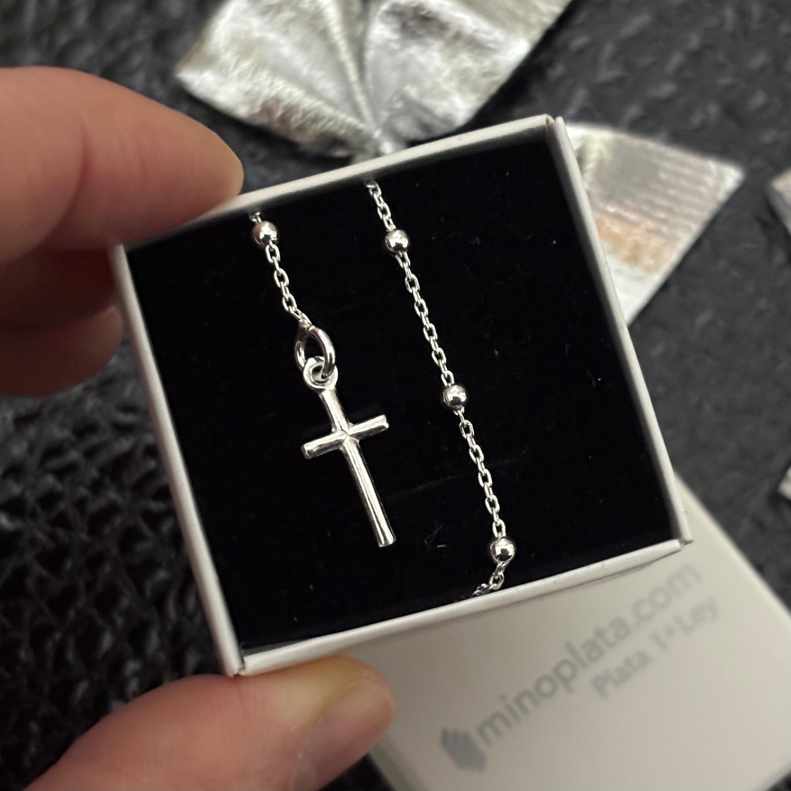 Pulsera rosario bolas 2mm con cruz lisa colgante de Plata de ley 925 4