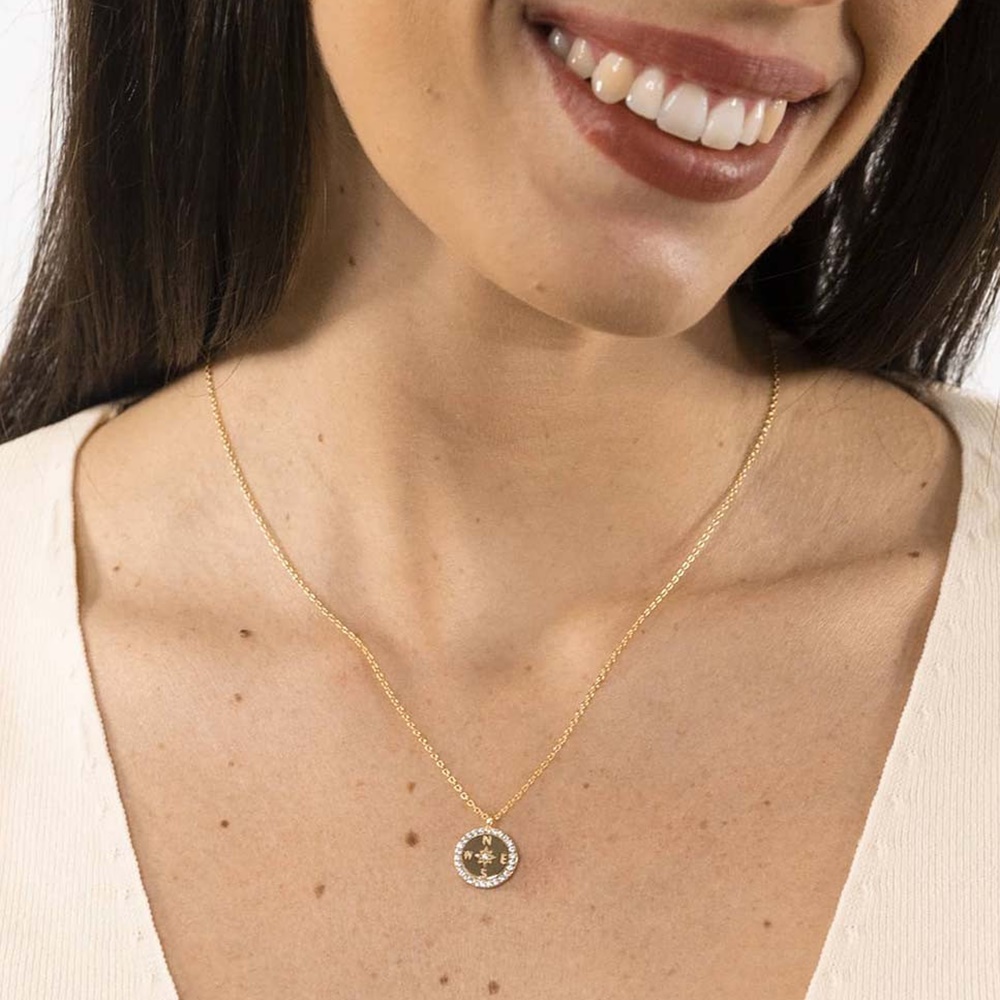 Gargantilla brújula estrella polar de Plata chapada en Oro con Circonitas