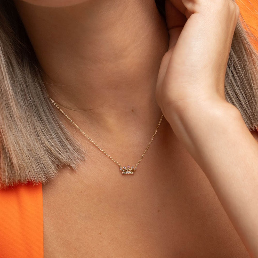 Gargantilla corona de Plata de ley chapada en Oro con Circonitas de colores