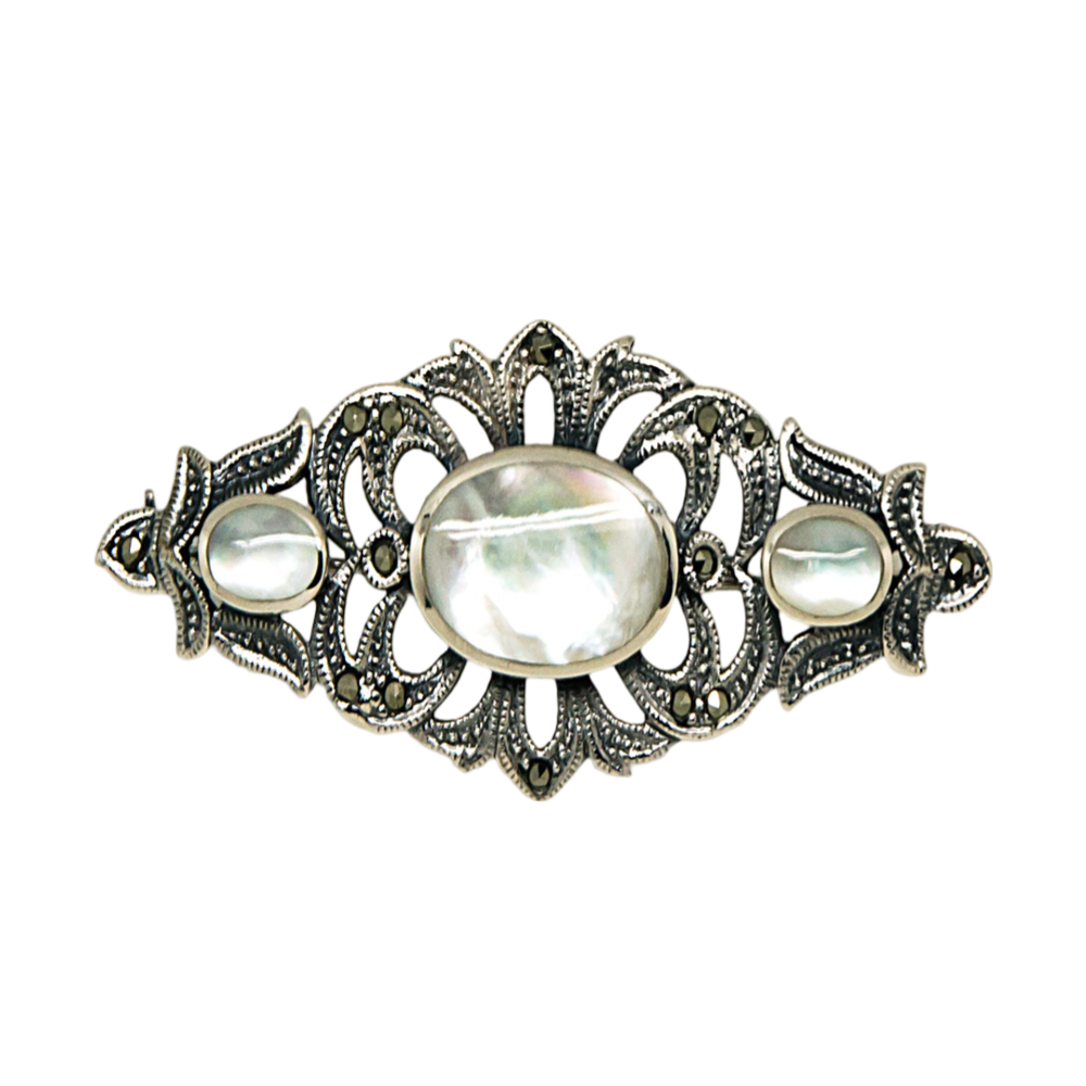 Broche calado de Plata de ley envejecida con Nácar y Marcasitas