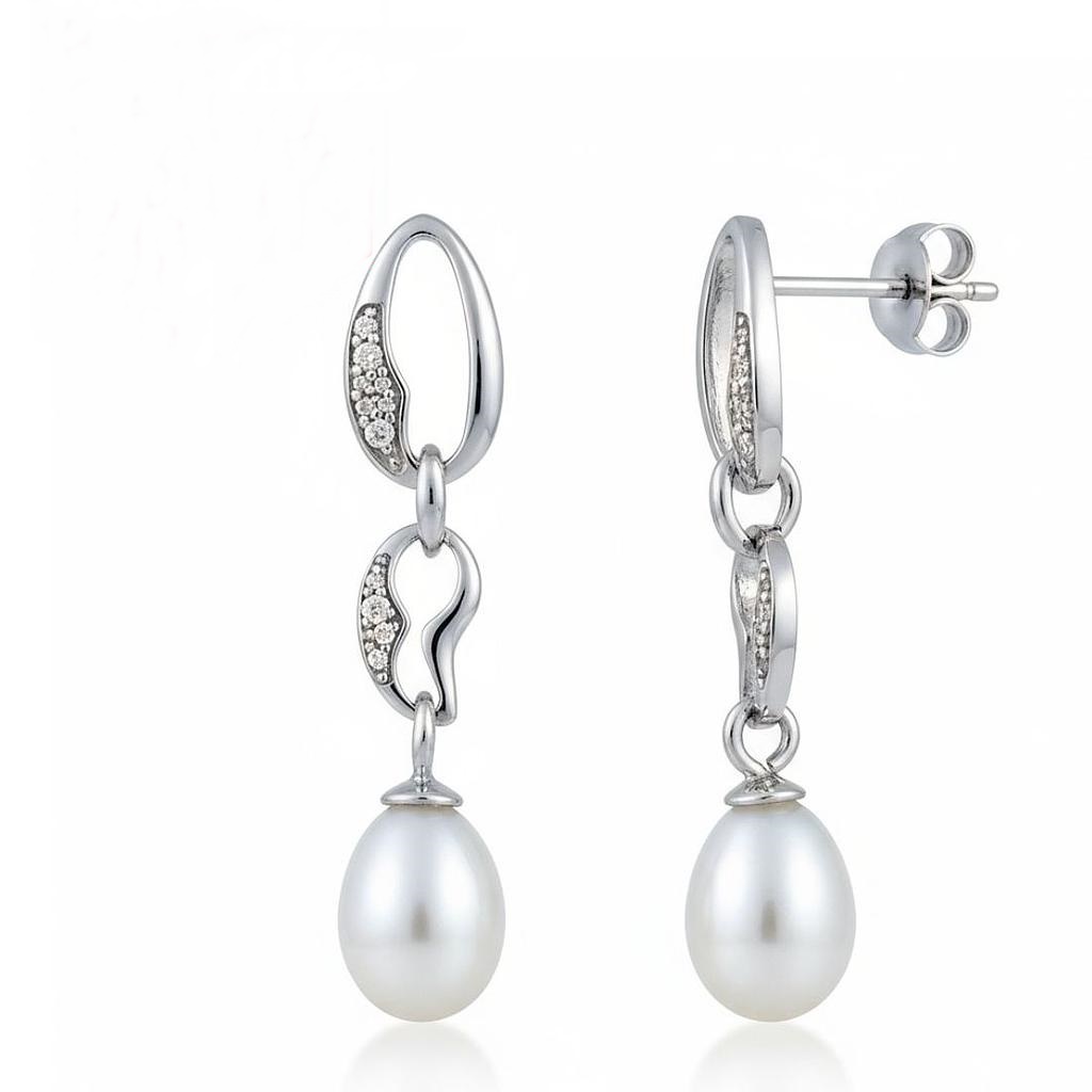 Pendientes largos para novia en Plata rodiada con Perlas cultivadas y Circonitas