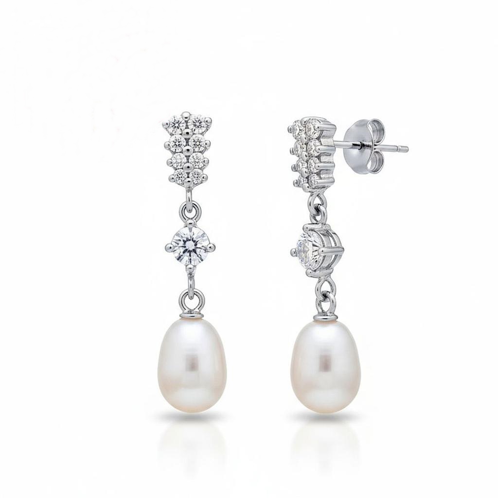 Pendientes novia Perlas cultivadas colgantes en Plata rodiada y Circonitas