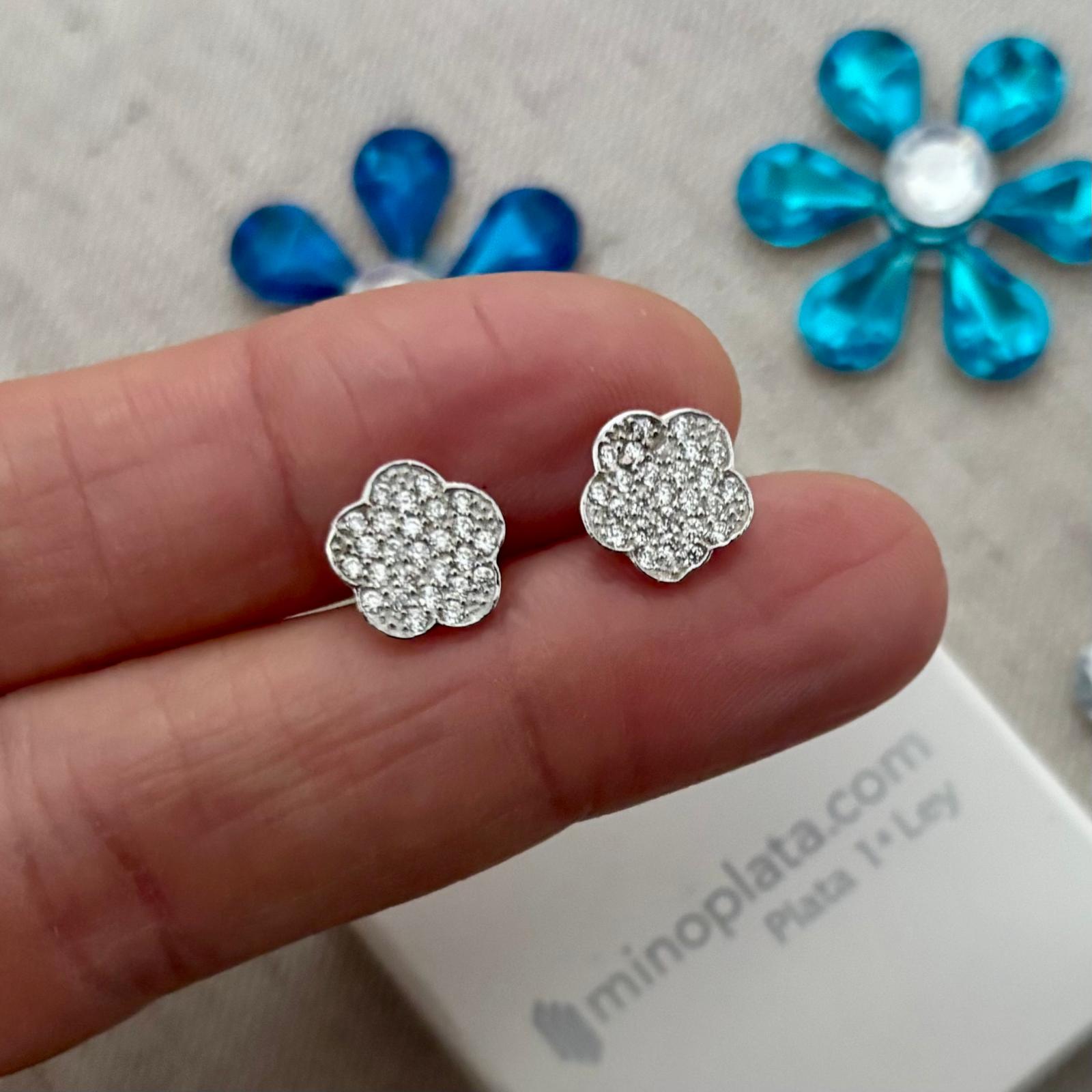 Pendientes flor de Plata de ley rodiada con Circonitas microengastadas 10mm 3