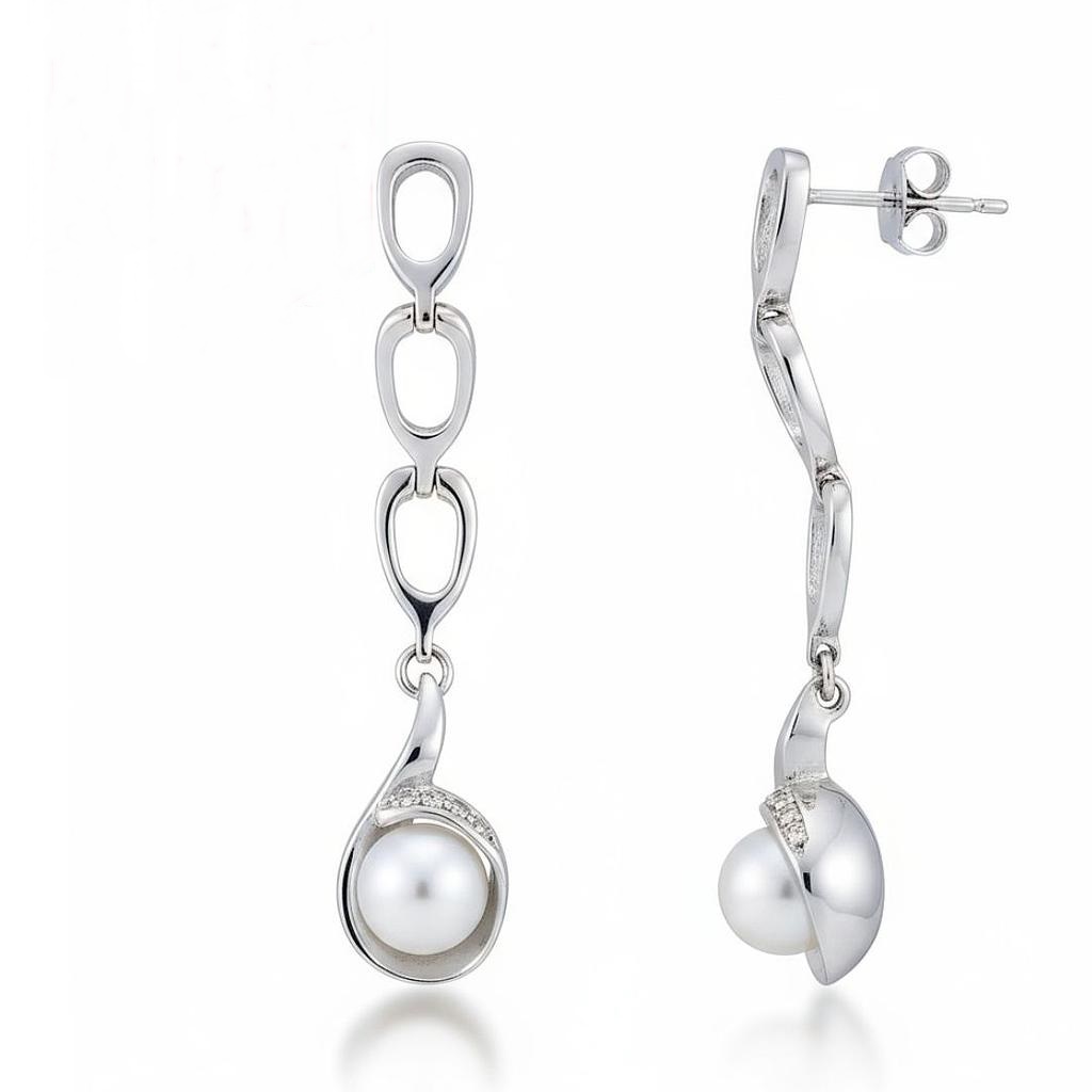 Pendientes largos para novia en Plata rodiada con Perlas cultivadas y Circonitas