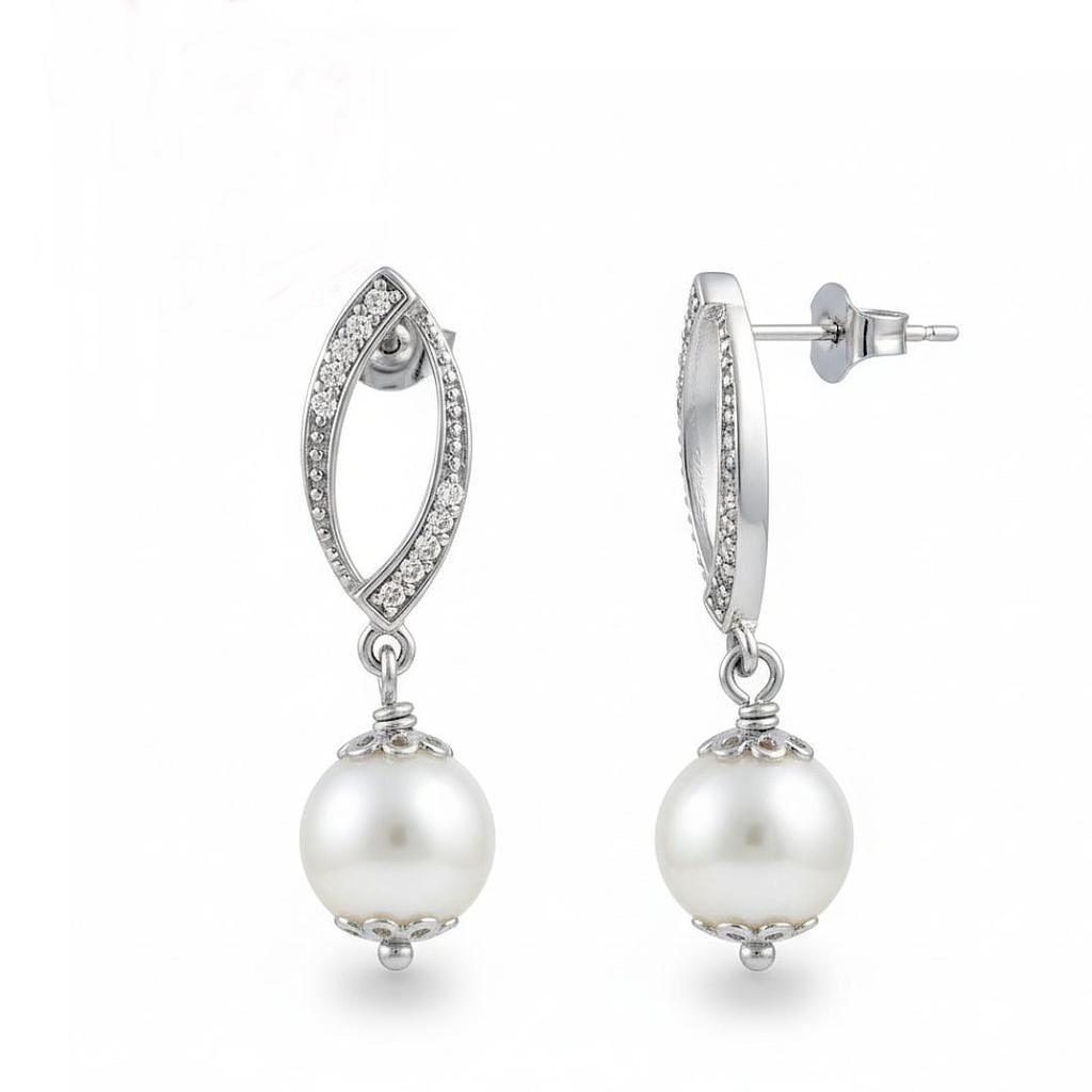 Pendientes de novia de Plata bañada en rodio con Circonitas y Perlas cultivadas colgantes