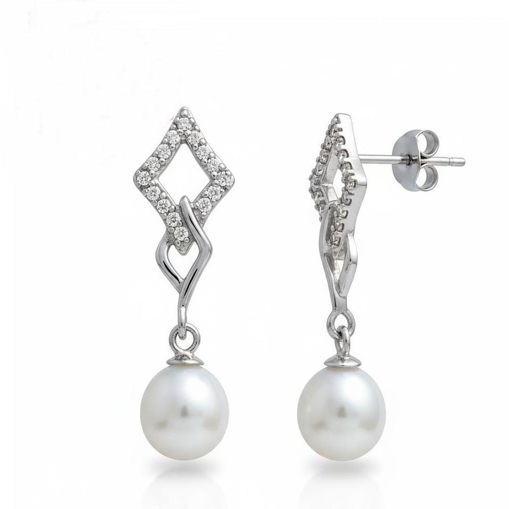 Pendientes novia rombos de Plata de ley rodiada con Perlas cultivadas colgantes y Circonitas micro