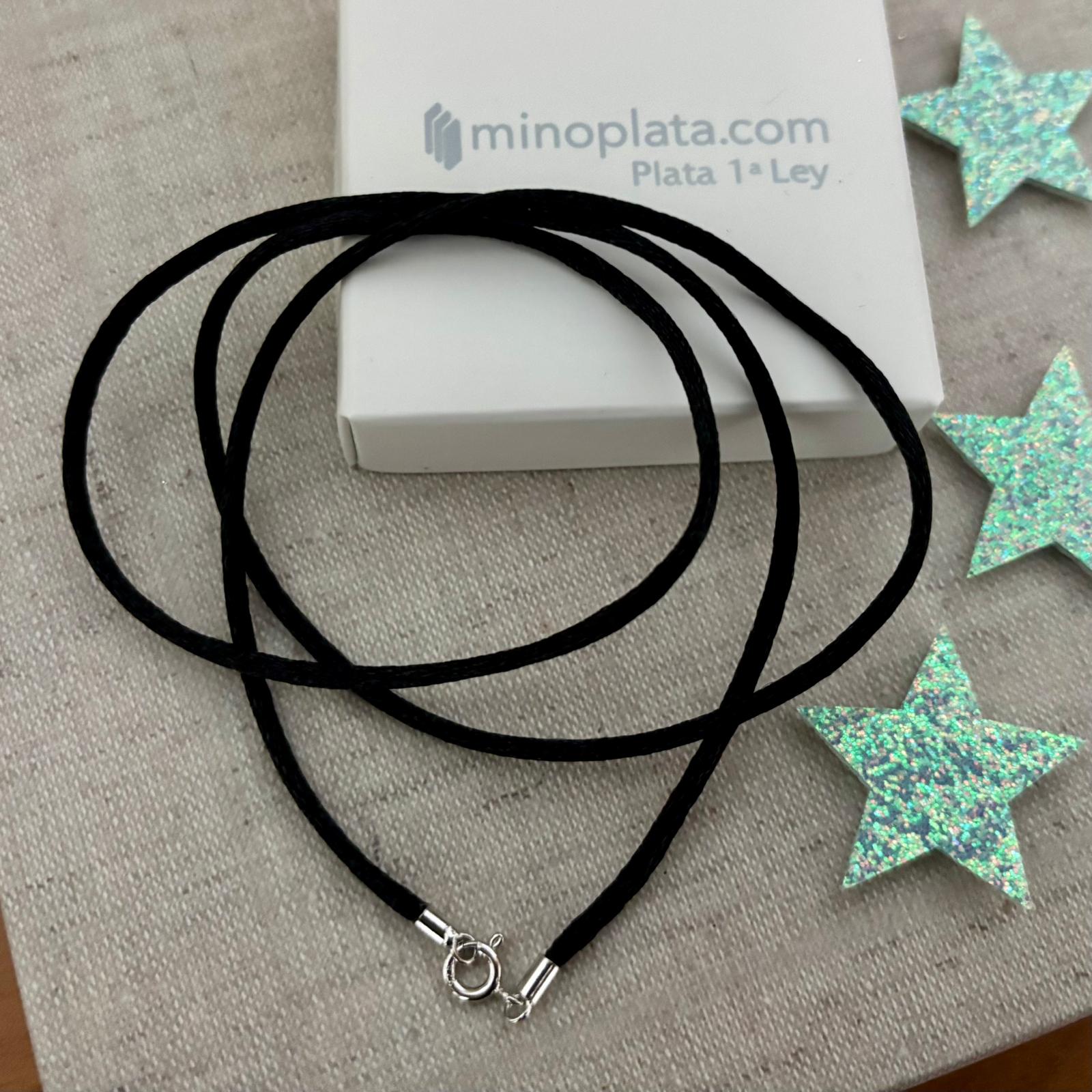Cordón de sedan negra y cierre de Plata de ley 925 60cm y 2,5mm grosor