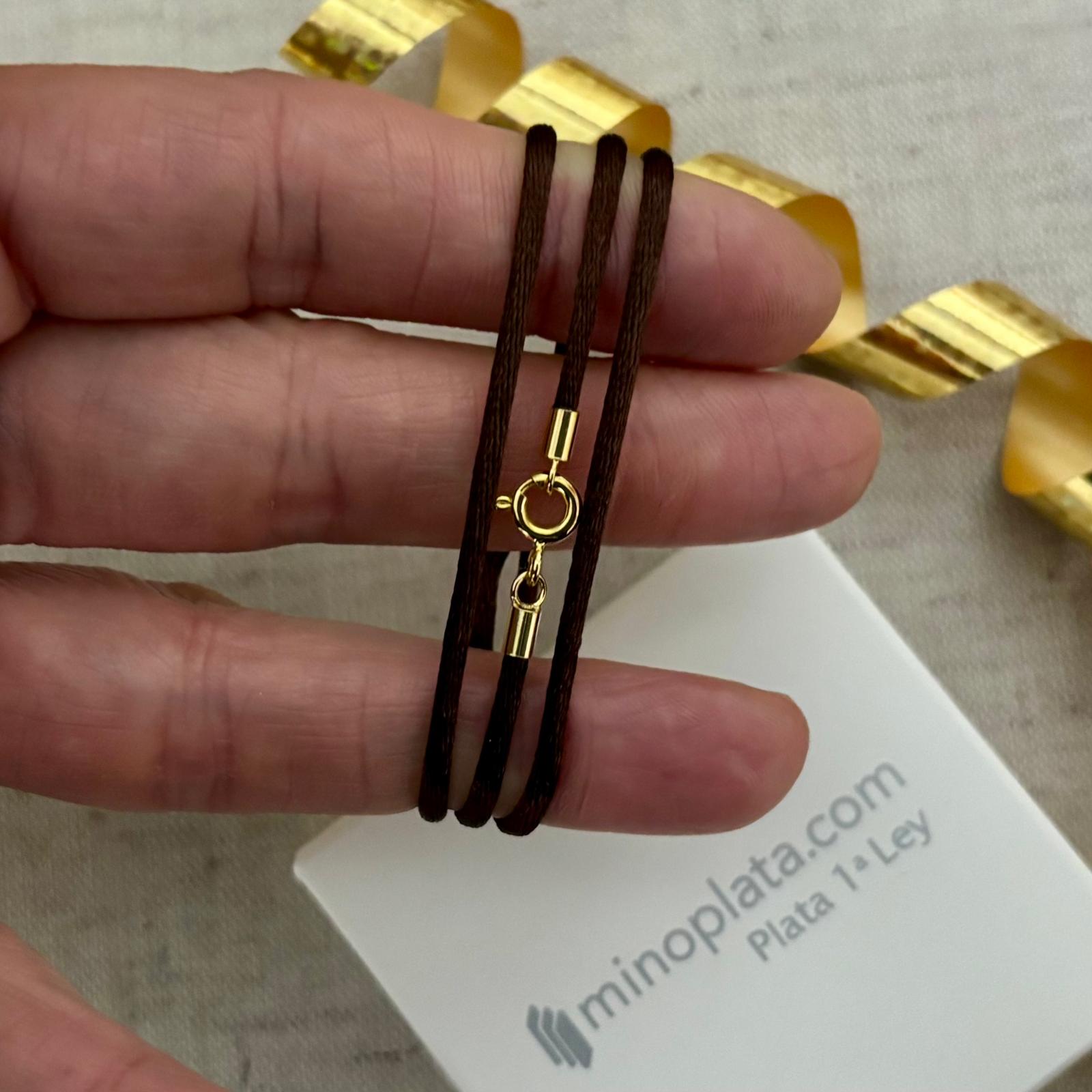 Gargantilla de seda marrón con cierre de Plata de ley 925 chapada en Oro 45cm y 2,5mm