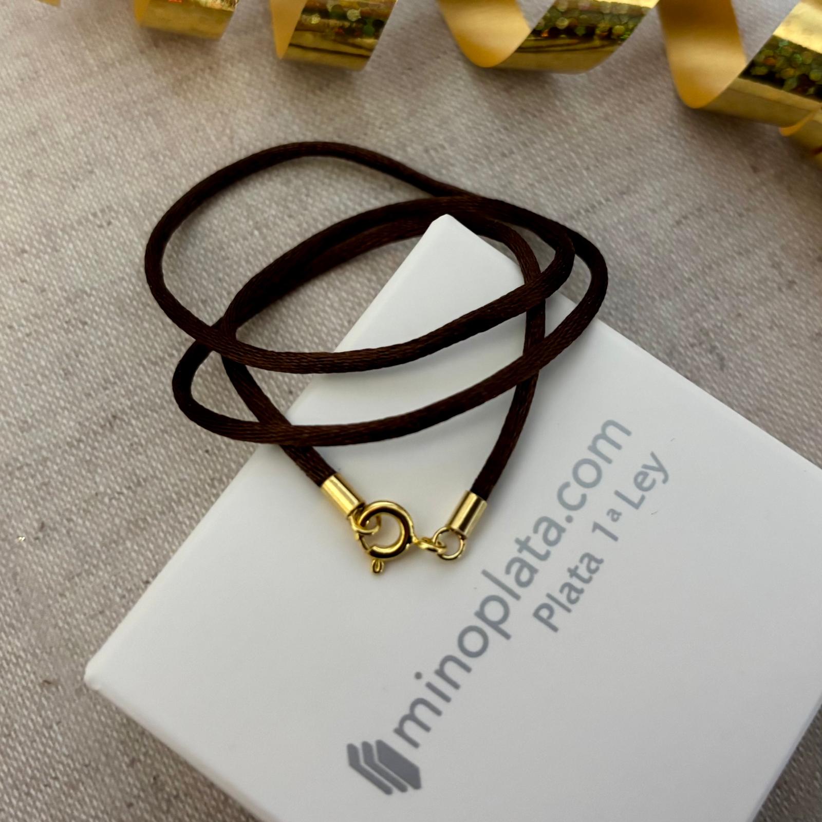 Gargantilla de seda marrón con cierre de Plata de ley 925 chapada en Oro 45cm y 2,5mm 3
