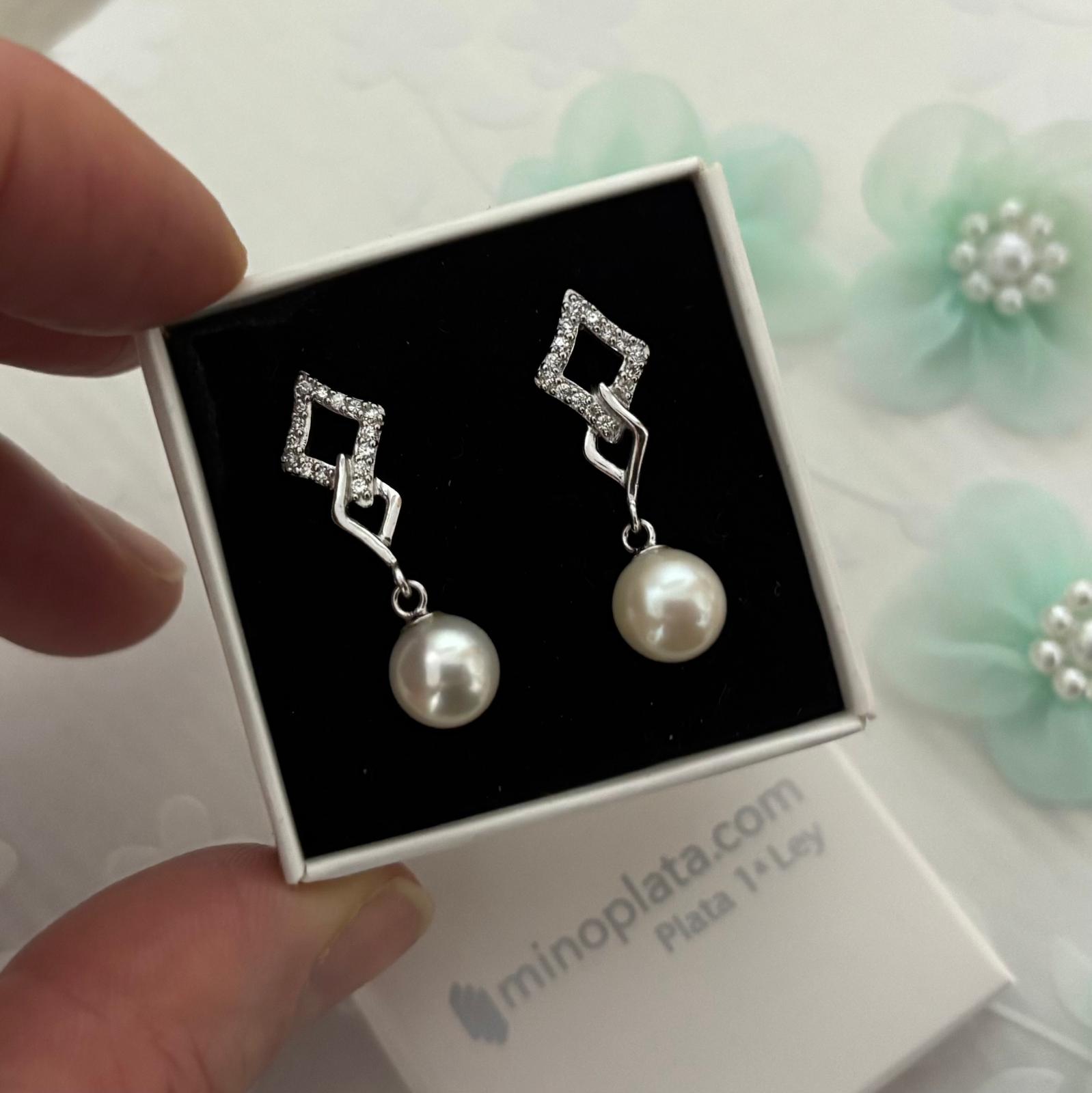 Pendientes novia rombos de Plata de ley rodiada con Perlas cultivadas colgantes y Circonitas micro 3
