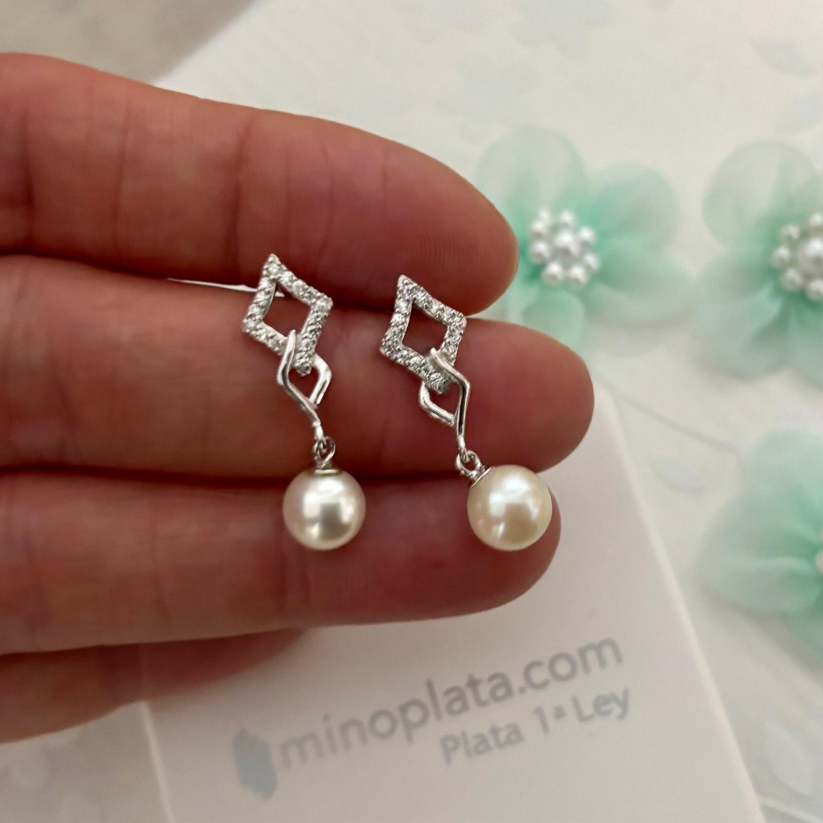 Pendientes novia rombos de Plata de ley rodiada con Perlas cultivadas colgantes y Circonitas micro