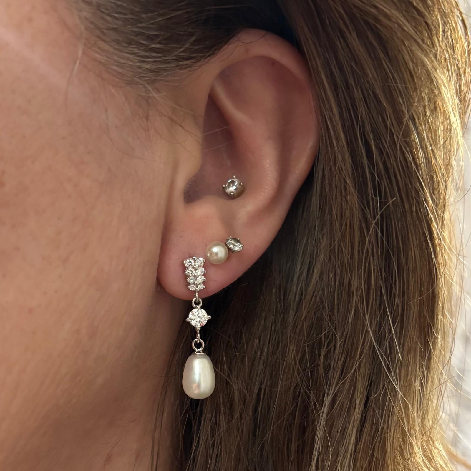 Pendientes novia Perlas cultivadas colgantes en Plata rodiada y Circonitas 4