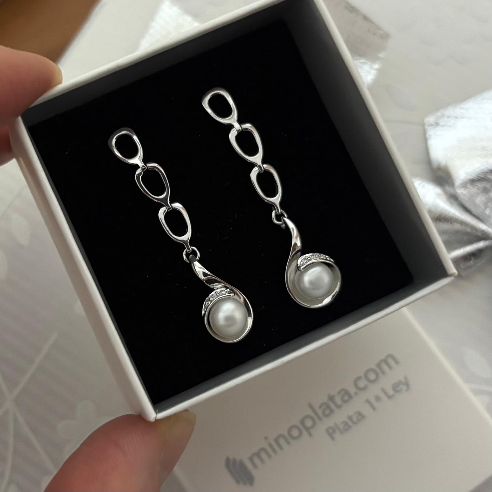 Pendientes largos para novia en Plata rodiada con Perlas cultivadas y Circonitas 3