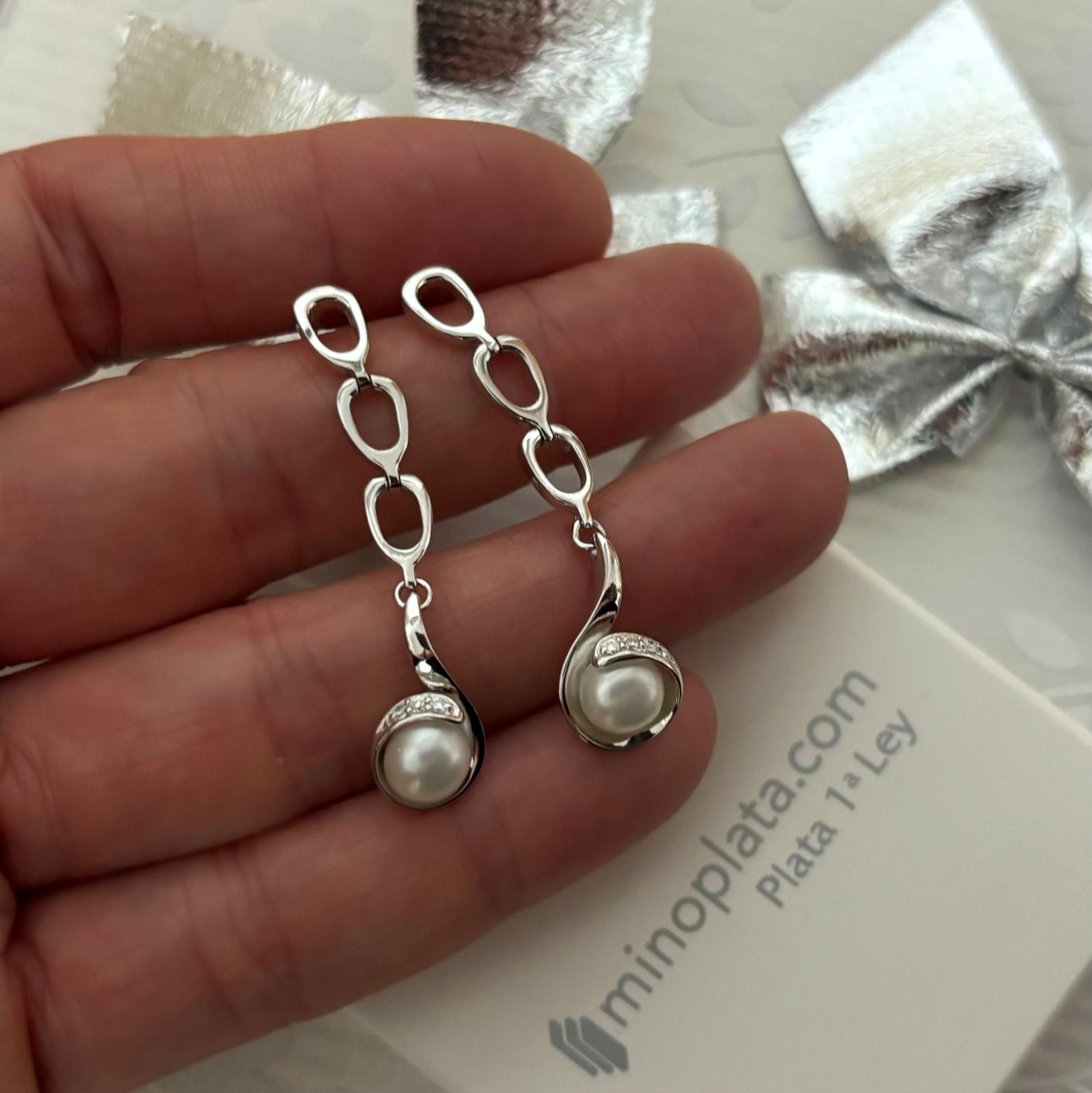 Pendientes largos para novia en Plata rodiada con Perlas cultivadas y Circonitas