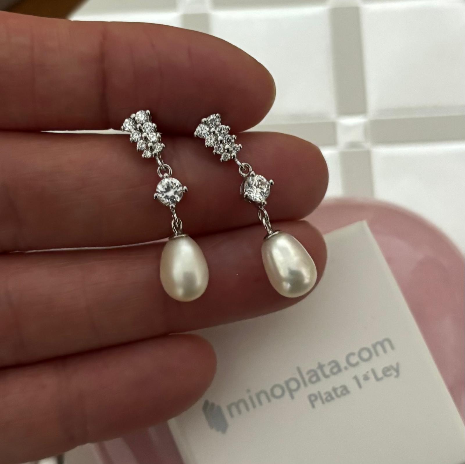 Pendientes novia Perlas cultivadas colgantes en Plata rodiada y Circonitas