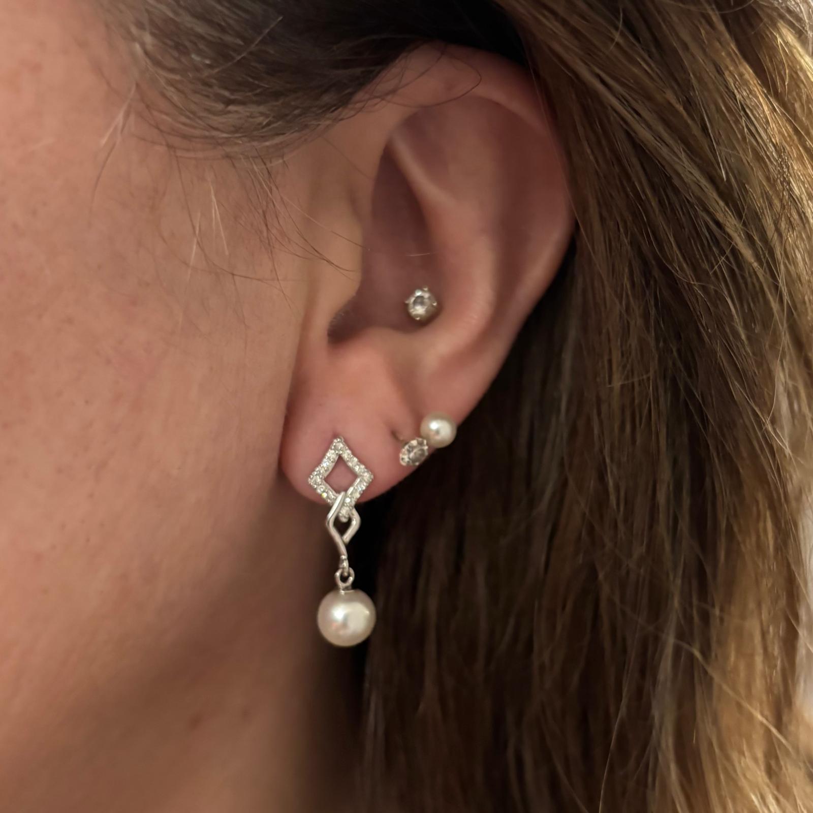 Pendientes novia rombos de Plata de ley rodiada con Perlas cultivadas colgantes y Circonitas micro 4