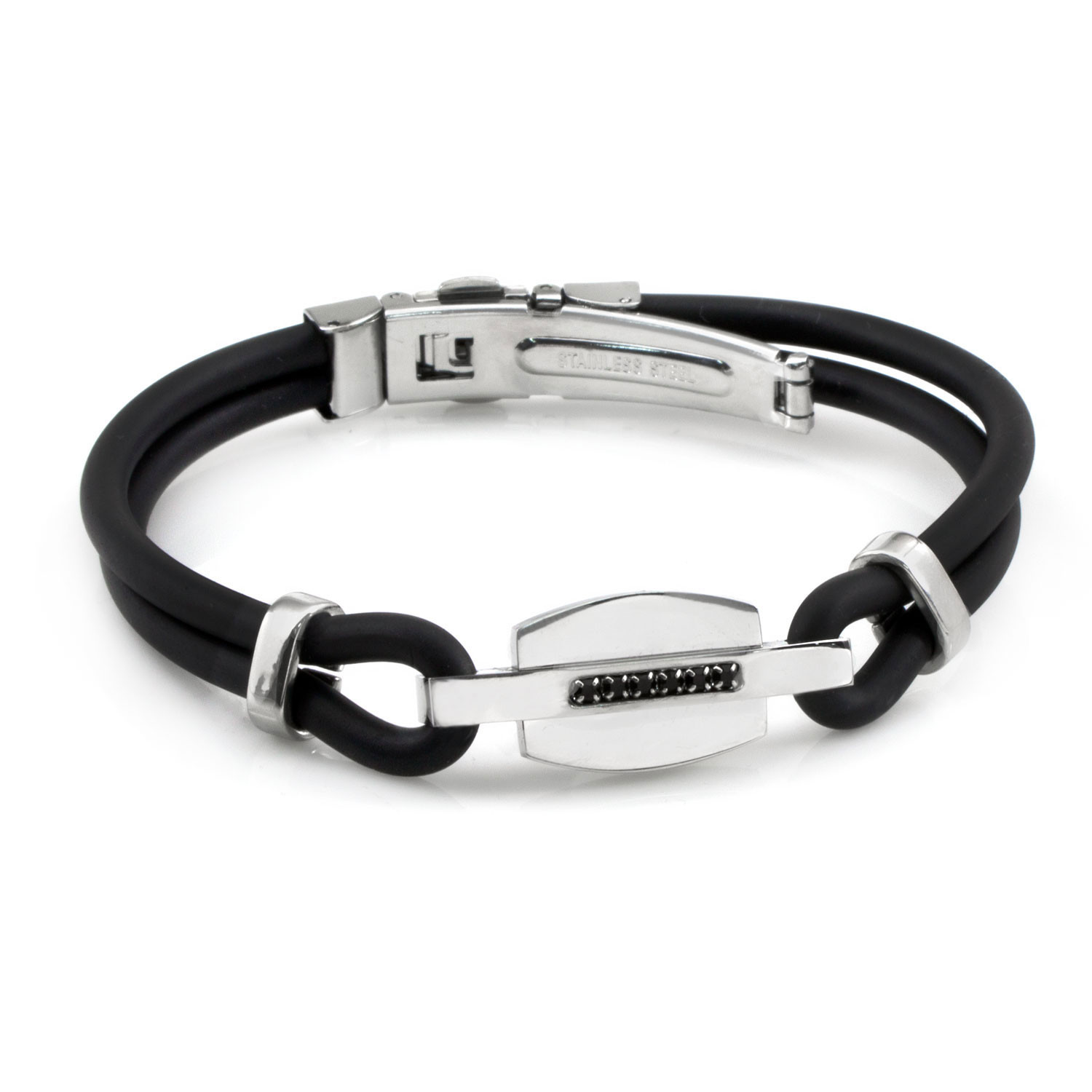 Pulsera de caucho negro con motivo de Acero y Circonitas negras