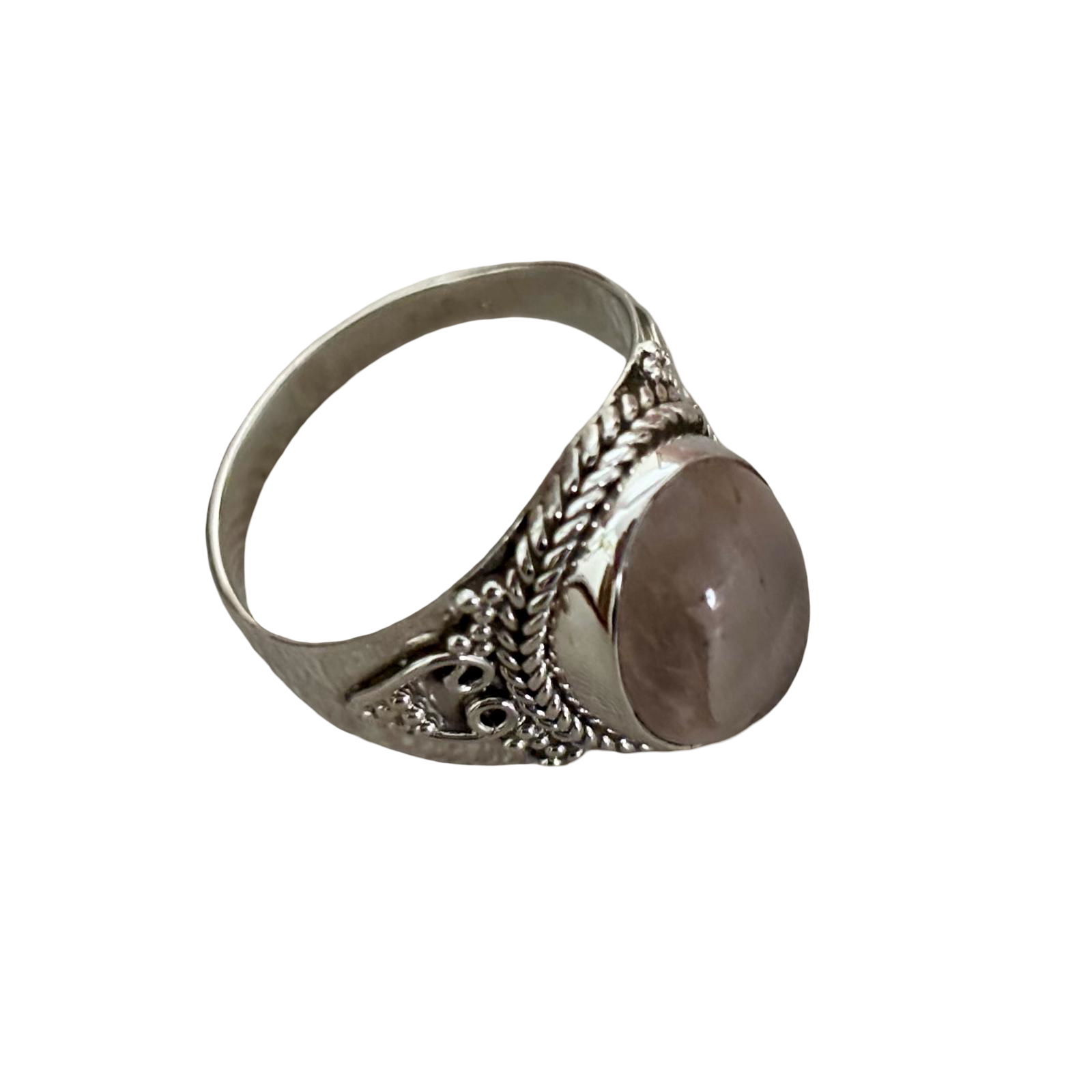 Sortija de Plata filigrana con piedra natural cuarzo rosa