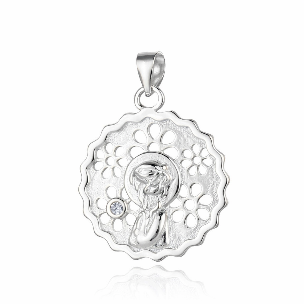 Medalla calada Virgen Niña de Plata de ley con Circonita 18mm