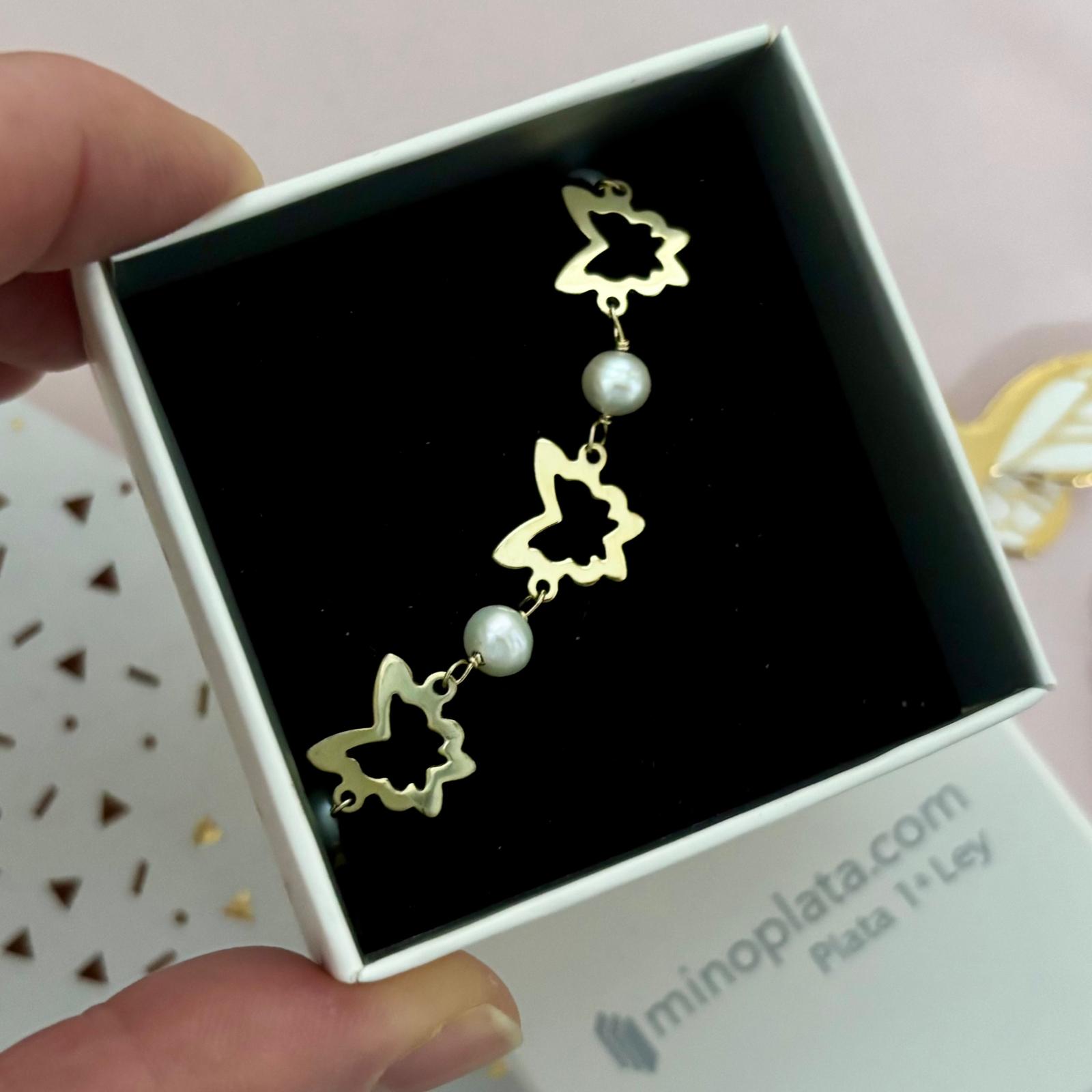 Pulsera mariposas de Plata de ley chapada en Oro con Perlas cultivadas 4