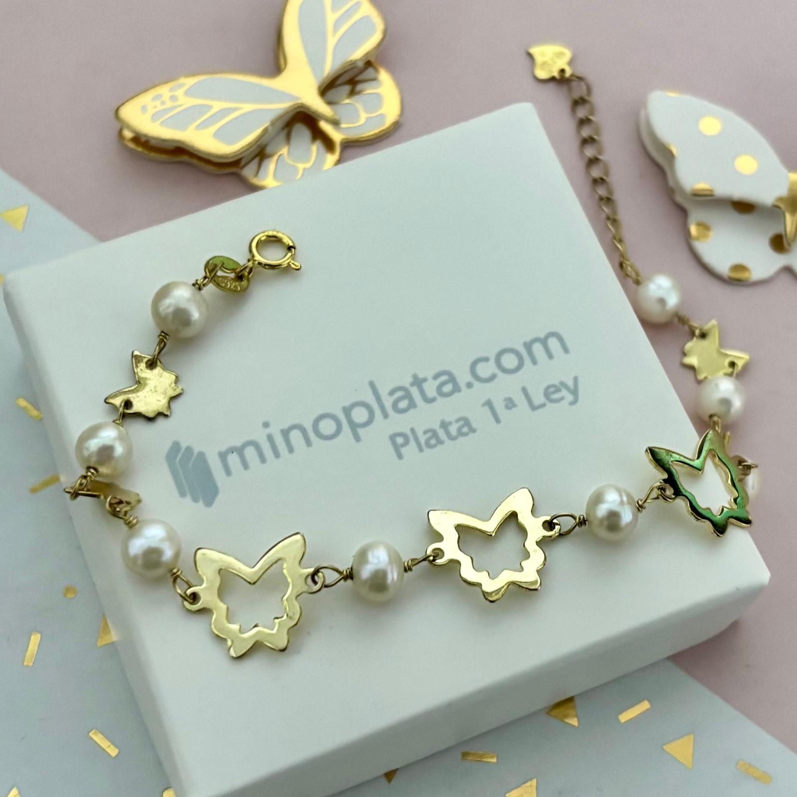 Pulsera mariposas de Plata de ley chapada en Oro con Perlas cultivadas 3