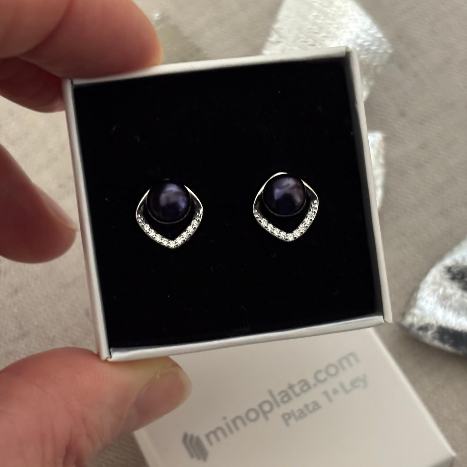 Pendientes de Plata rodiada con Perlas grises 10mm y Circonitas 3