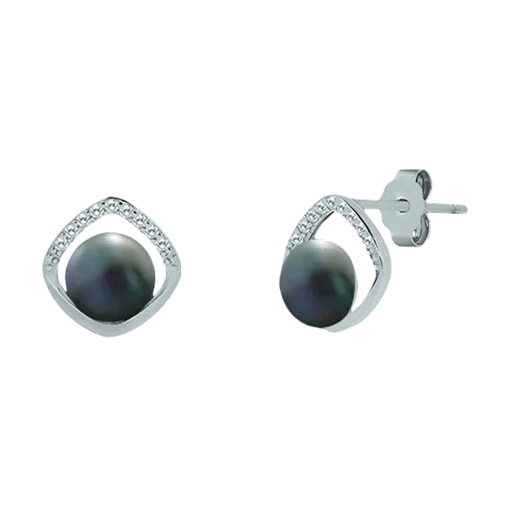 Pendientes de Plata rodiada con Perlas grises 10mm y Circonitas