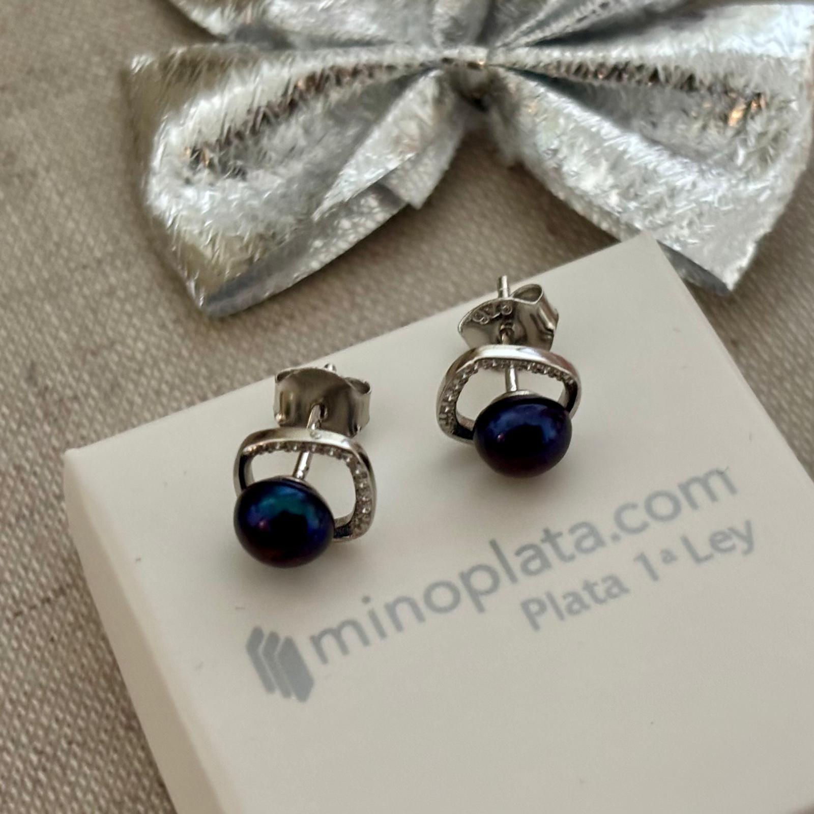 Pendientes de Plata rodiada con Perlas grises 10mm y Circonitas 5