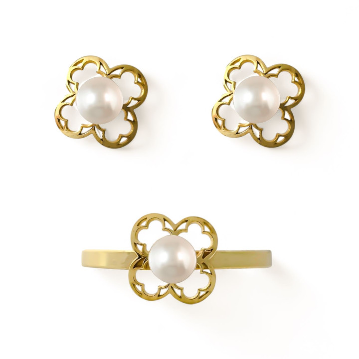 Aderezo Pendientes y Anillo Primera Comunión en Plata de ley chapado dorado con Perlas cultivadas