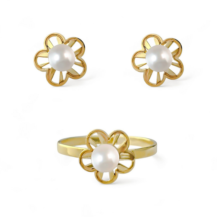 Juego de Pendientes y Sortija Primera Comunión flor calada de Plata de ley chapada en Oro con Perlas cultivadas