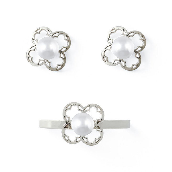 Juego de Pendientes y Anillo flor calada Primera Comunión en Plata de ley con Perlas cultivadas