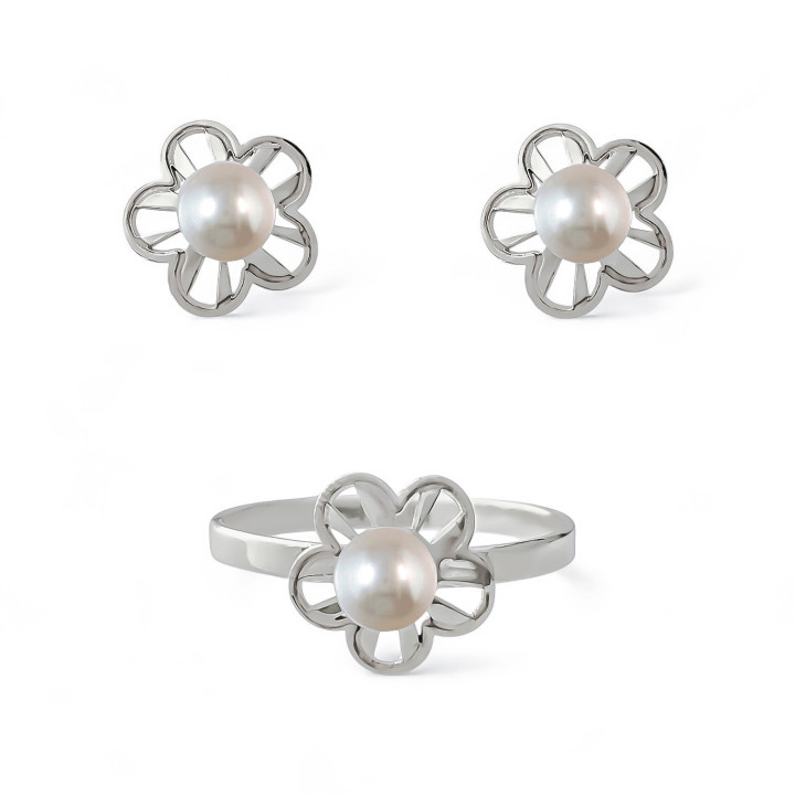 Conjunto de Pendientes y Anillo flor en Plata de ley 925 con Perlas cultivadas Primera Comunión