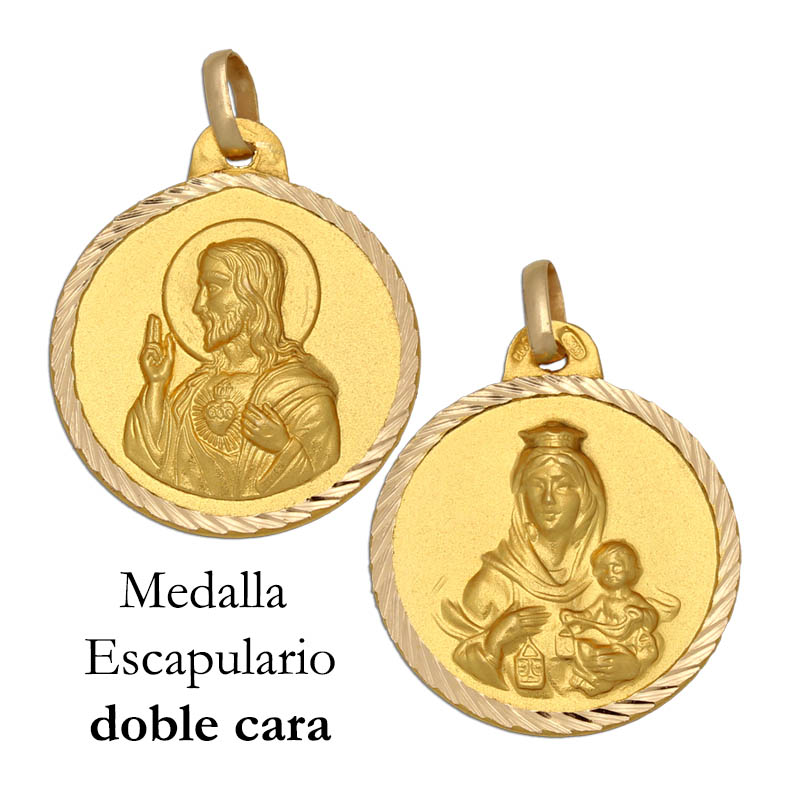Medalla Escapulario borde tallado Virgen del Carmen y Sagrado Corazón de Jesús de Plata de ley chapada en Oro 22mm