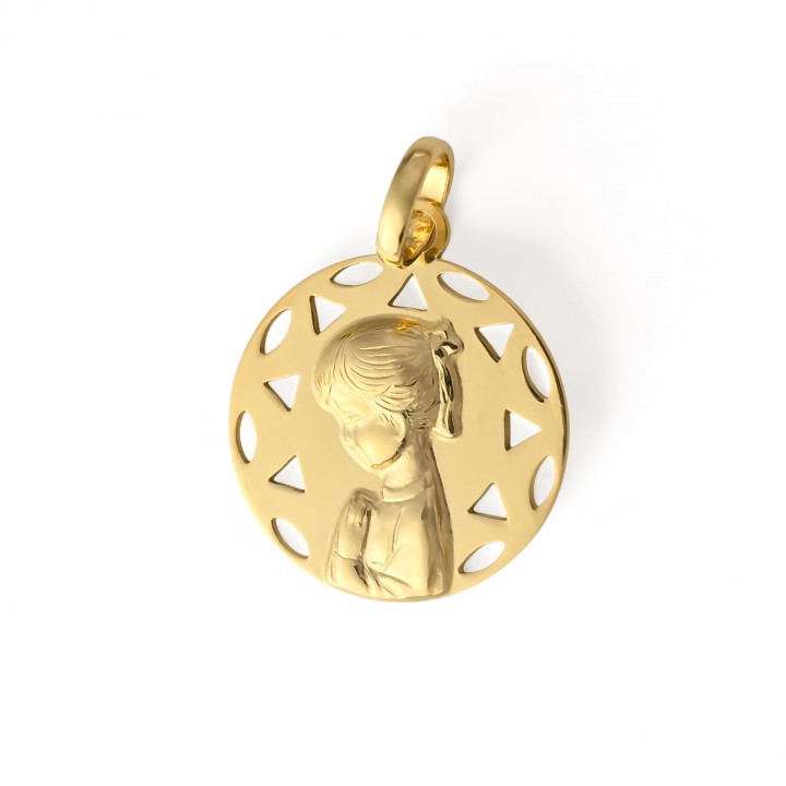 Medalla Primera Comunión Virgen Niña de Plata de ley chapada en Oro triángulos calados