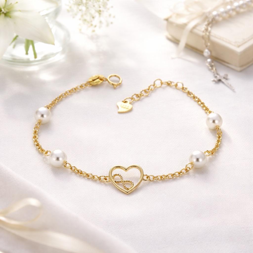 Pulsera infantil corazón e infinito de Plata chapada en Oro con Perlas cultivadas Primera Comunión