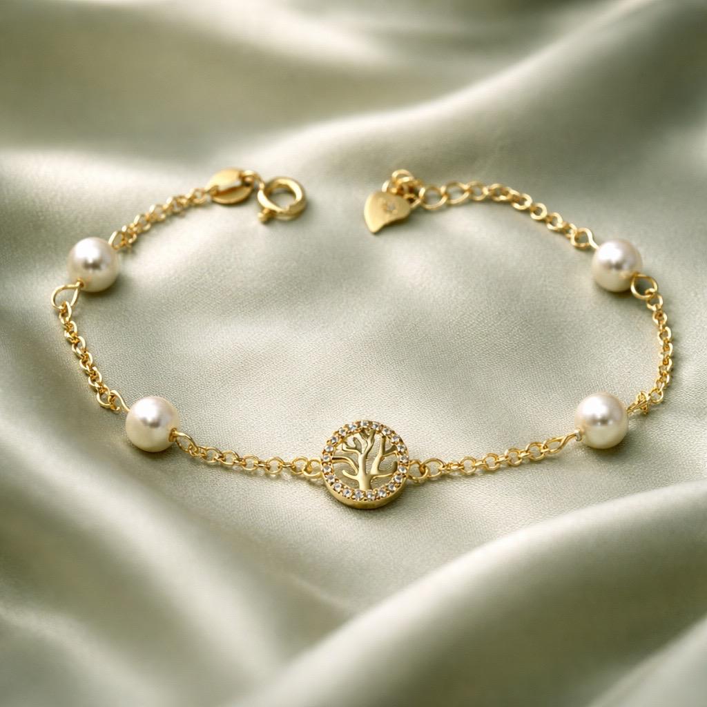 Pulsera infantil árbol de la vida de Plata de ley dorada con Circonitas y Perlas cultivadas 3