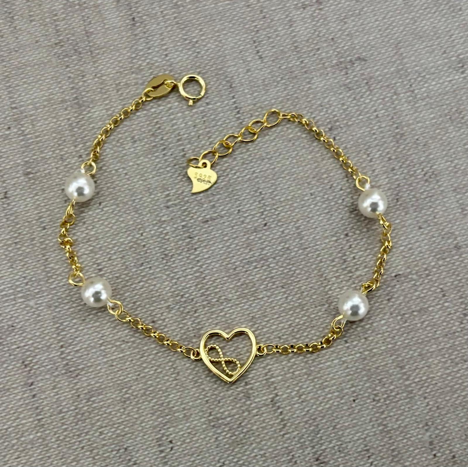 Pulsera infantil corazón e infinito de Plata chapada en Oro con Perlas cultivadas Primera Comunión 3