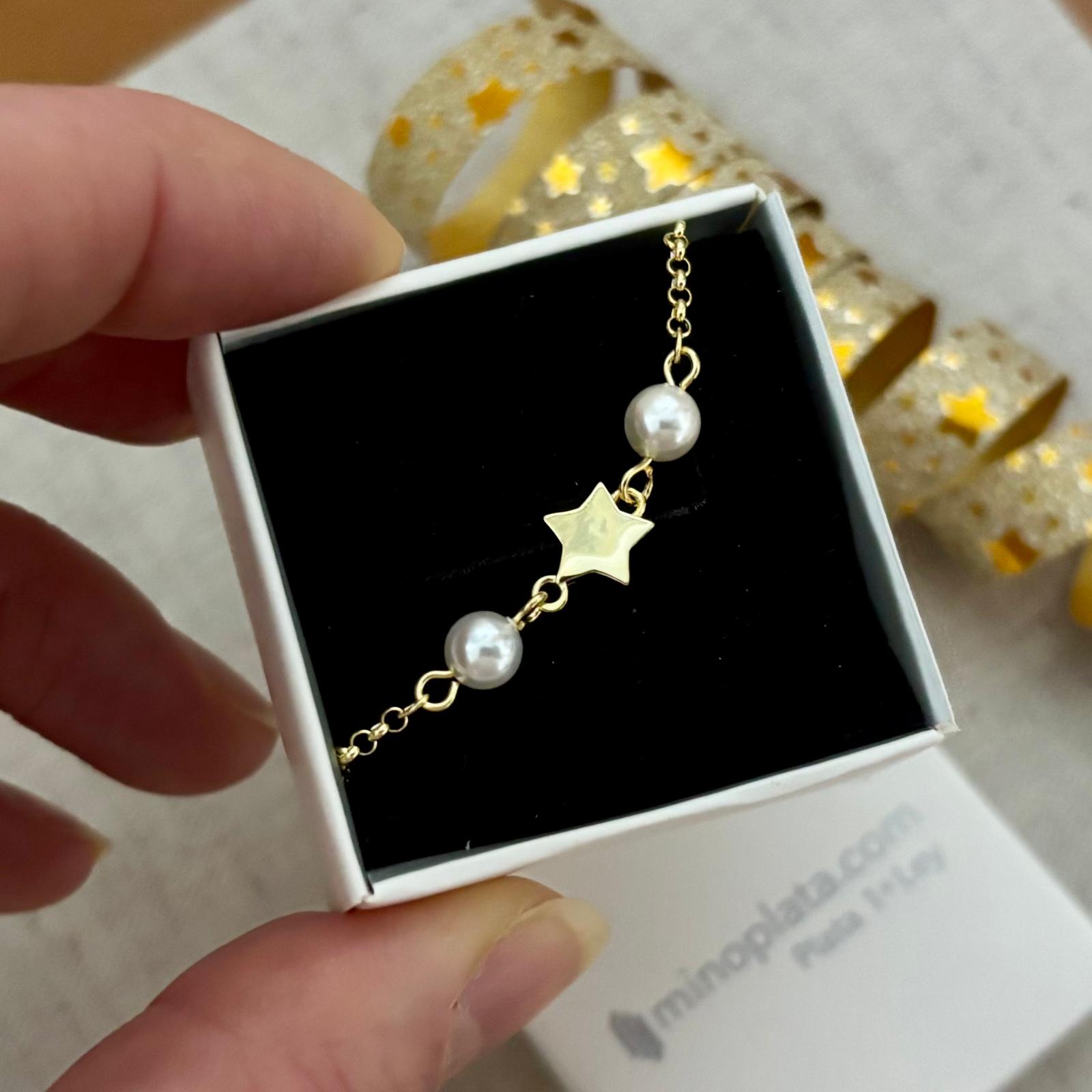 Pulsera infantil estrellas de Plata de ley chapada en Oro con Perlas cultivadas 4