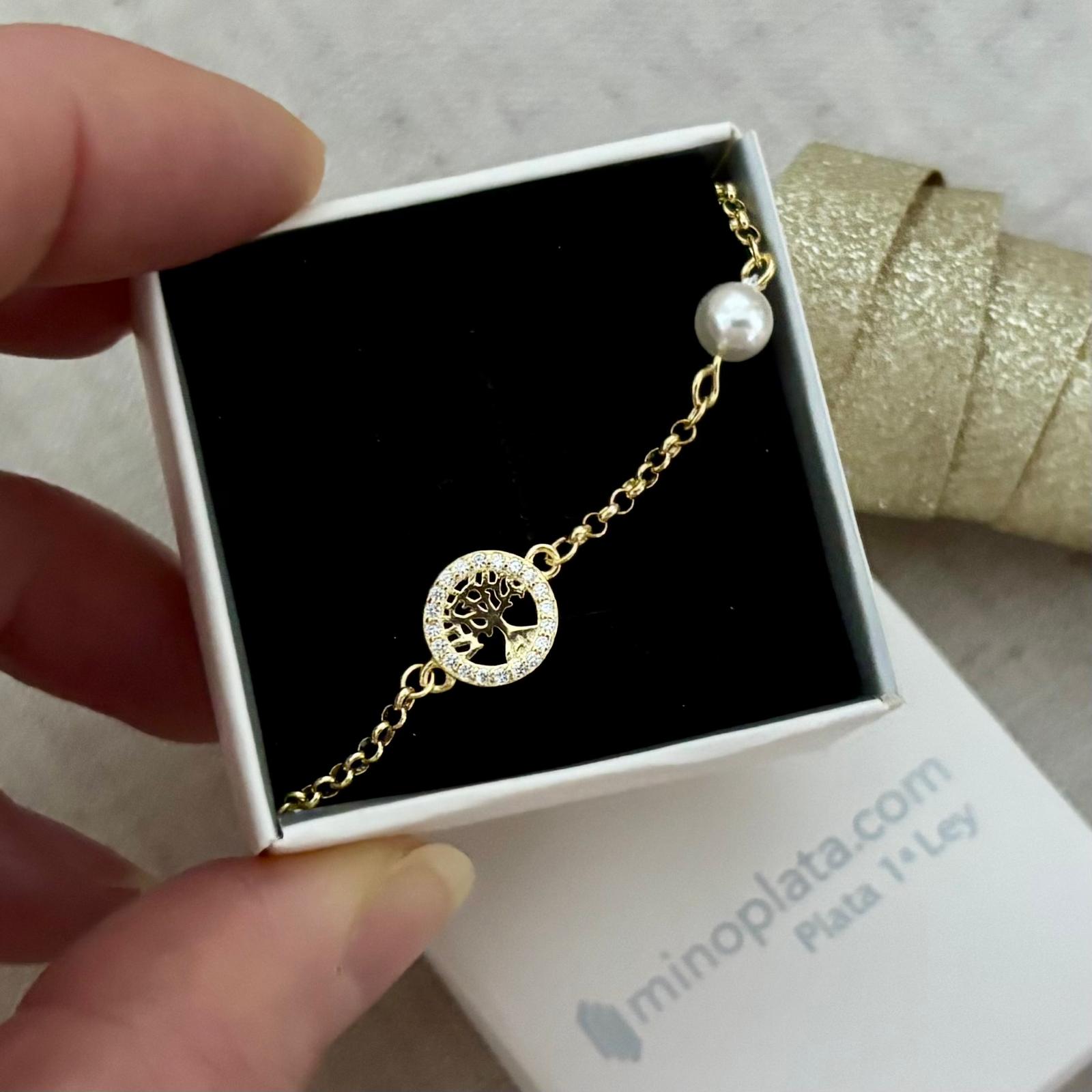 Pulsera infantil árbol de la vida de Plata de ley dorada con Circonitas y Perlas cultivadas 4