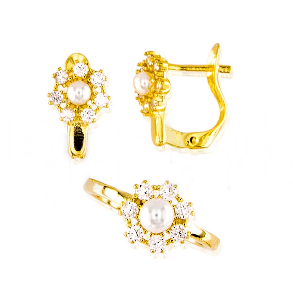 Conjunto Pendientes y Sortija flor de Plata dorada con Circonitas y Perlas cultivadas